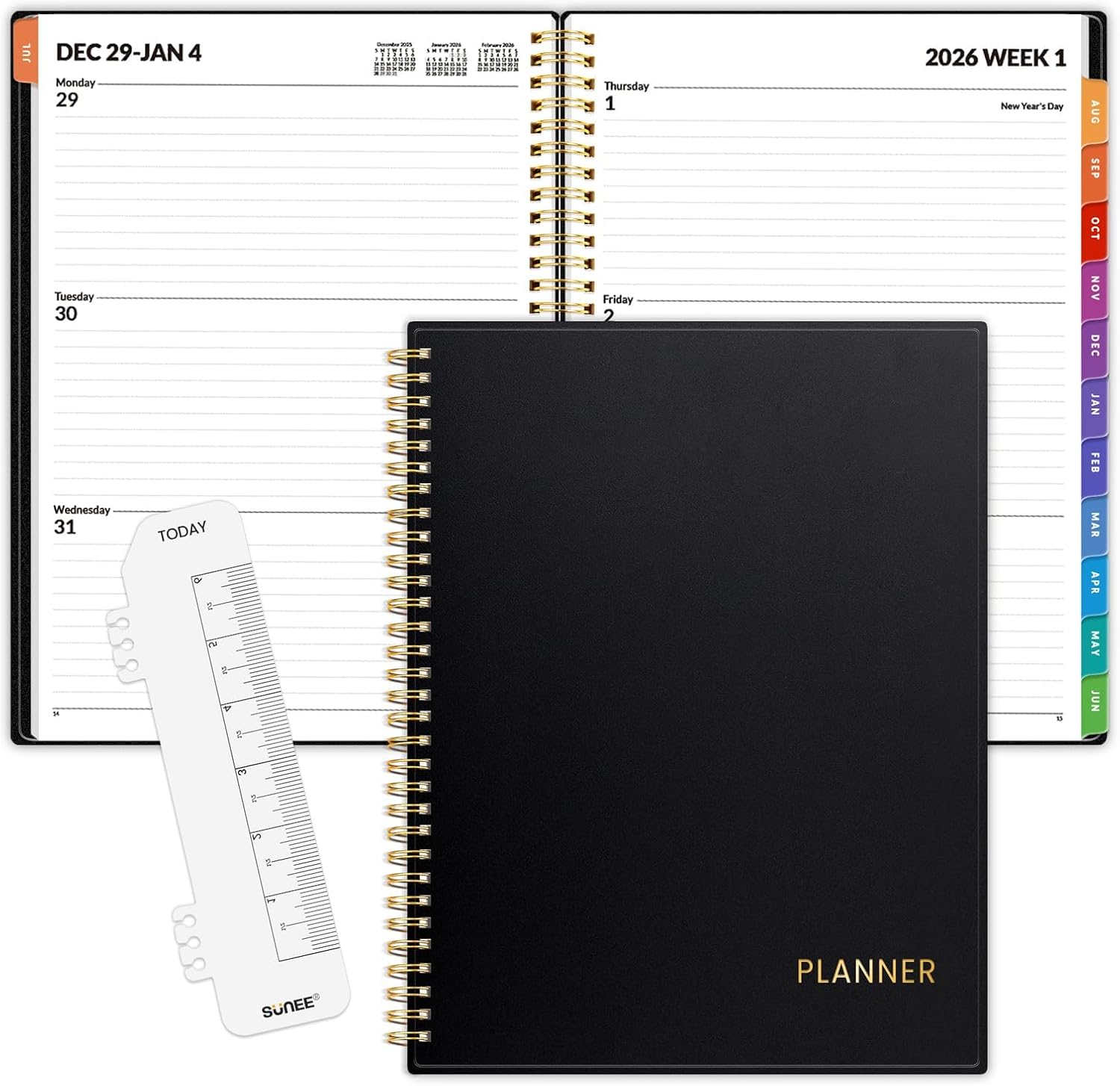 SUNEE 2026 Weekly Monthly Planner 8.5x11 Spiral Bound Black - Lay-Flat Tabs Pockets Thick Paper Jan-Dec 2026