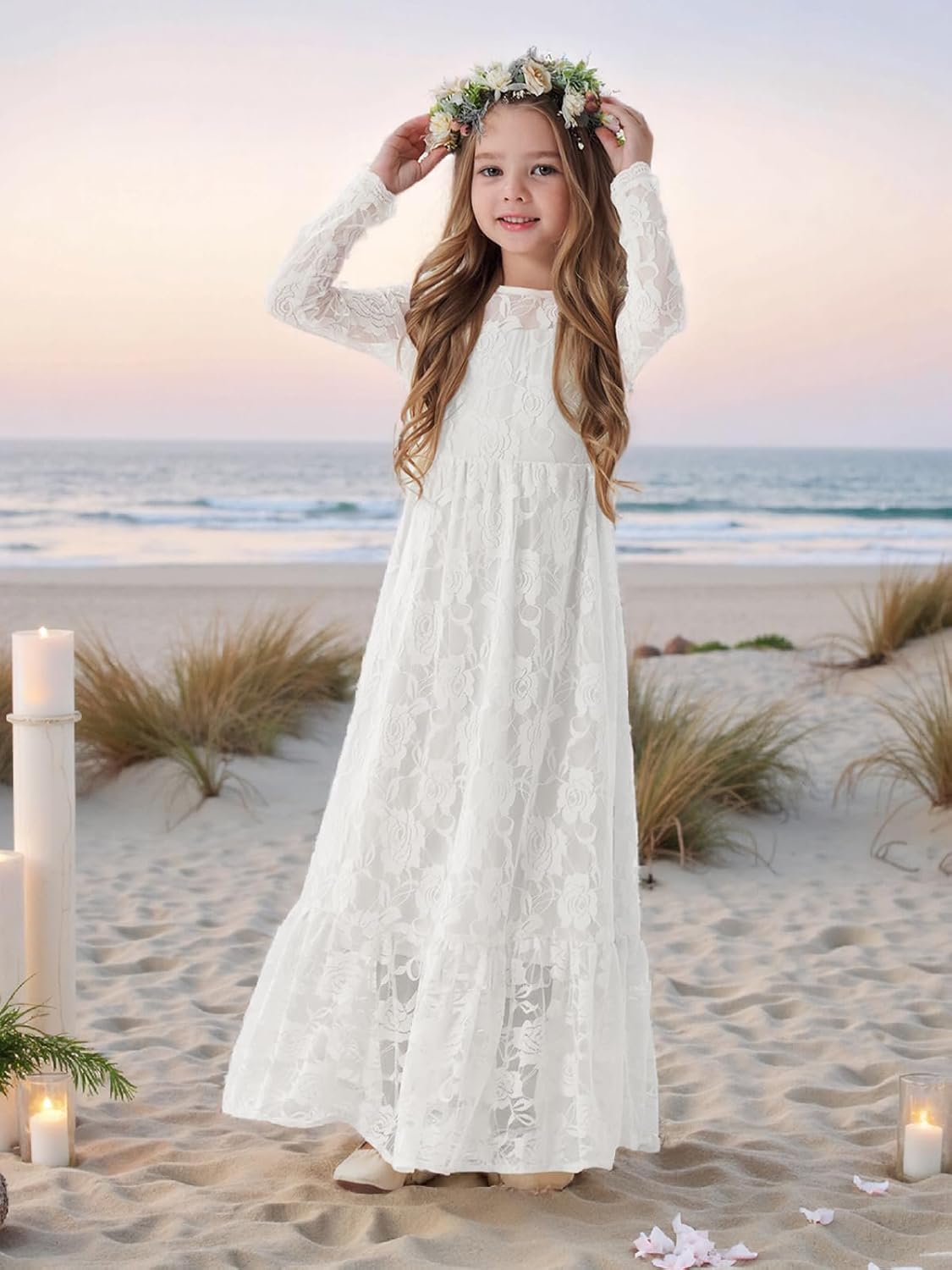 ALLOVIN Toddler & Girls Spring Graduation Lace Flower Girl Dress for Wedding Baptism First Communion Maxi Boho A-Line 3-12Y