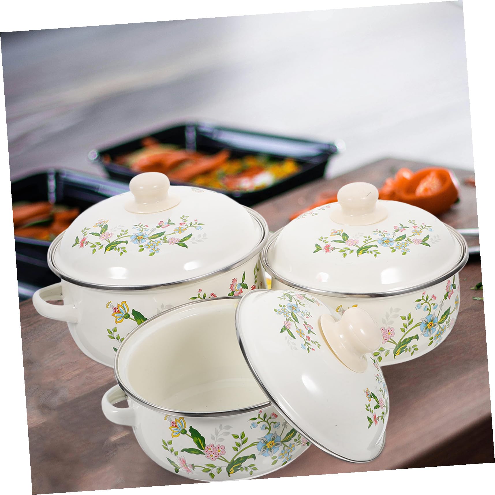 Toyvian 3 Stück Teiliges Emaille Mini suppentopf set mit Griffen Vintage Kochgeschirr für Ceranfeld für Instant nudeln Suppen und Babynahrung Emaillierter Kochtopf mit Flachem Boden