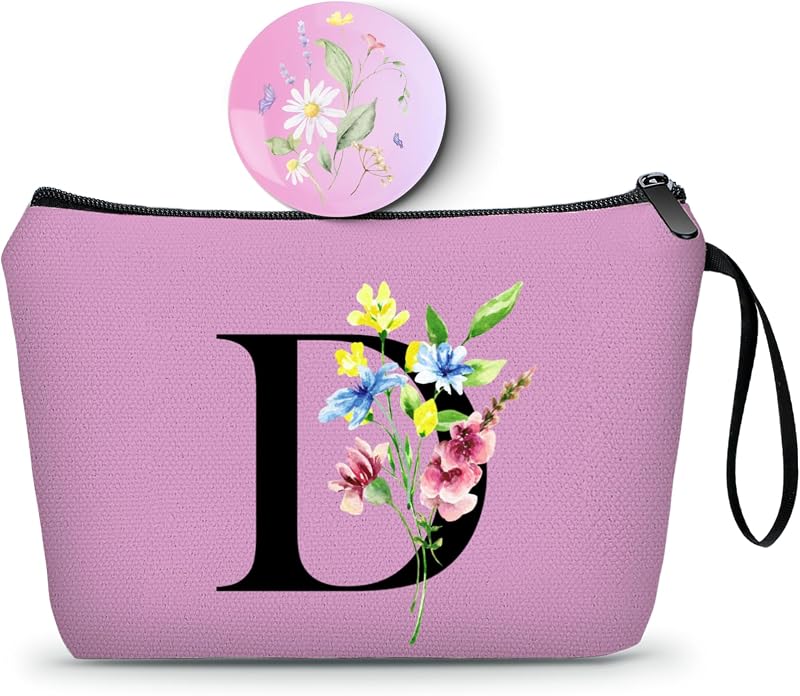 Necessaire de maquiagem SEAMOON roxa com inicial D, espelho e zíper