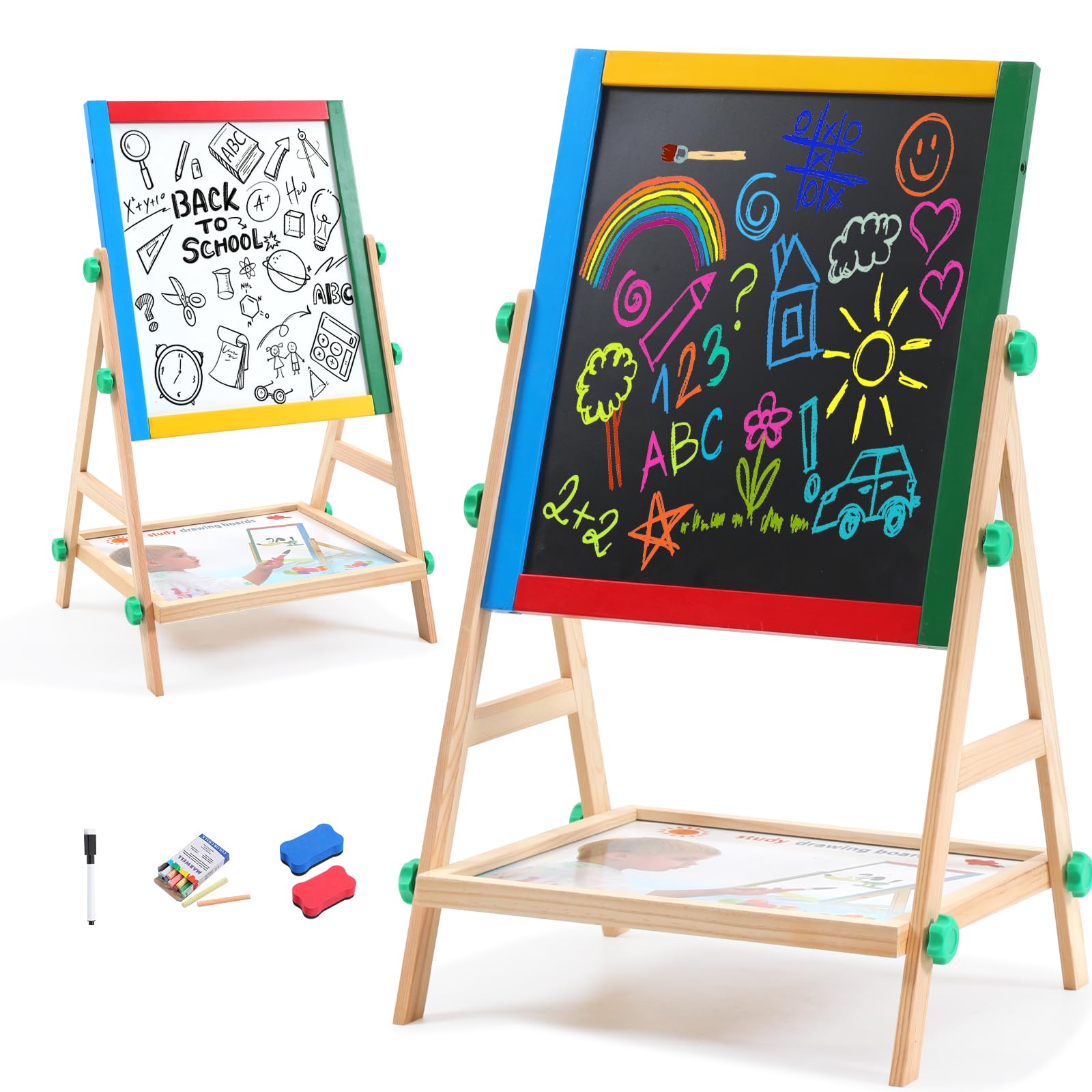 Wooden Art Easel for Kids, 2 in 1 Multi-Functional Double-Sided Adjustable Blackboard/Whiteboard with Storage Tray, Designed for Toddlers' Drawing and Doodling (Magnetic Easel)