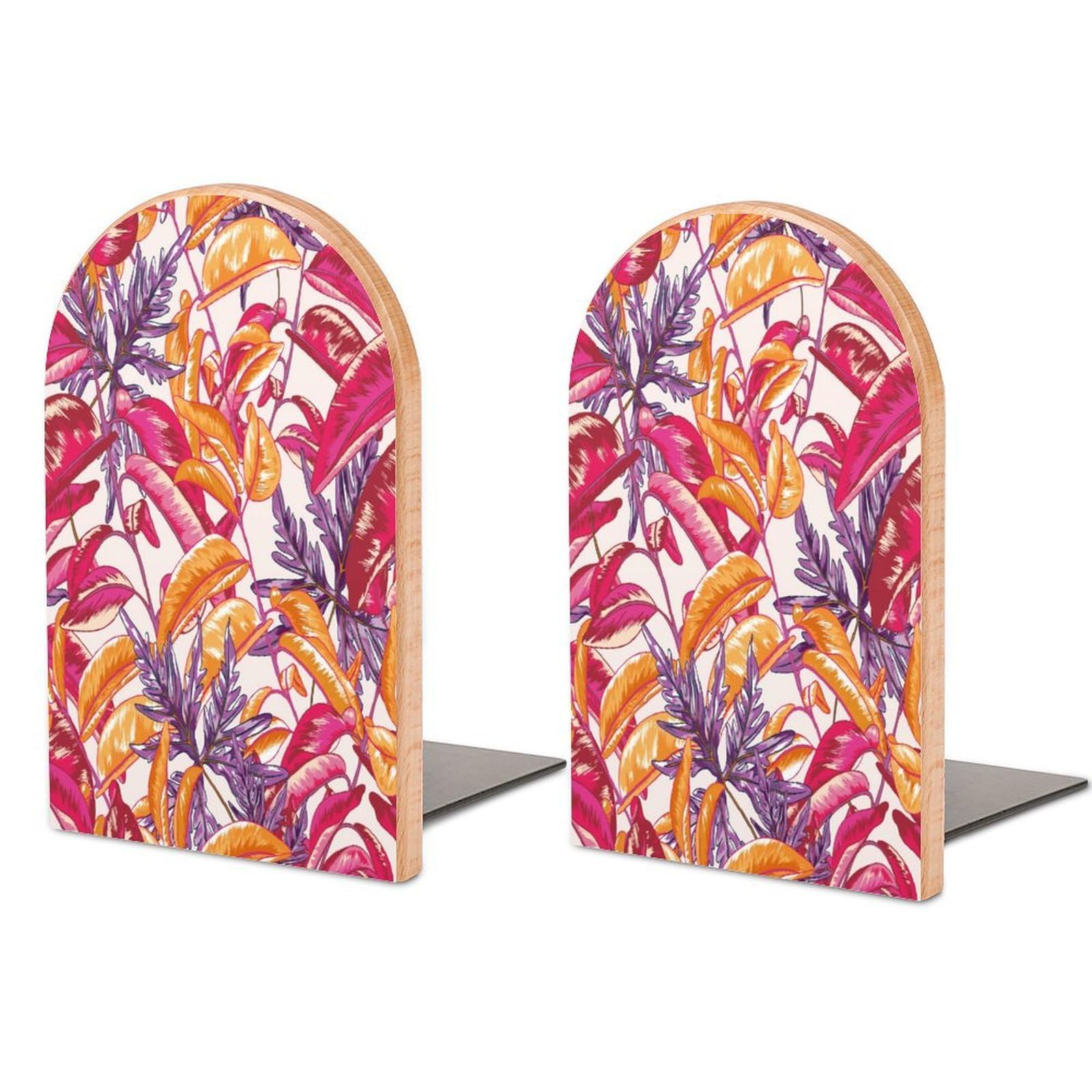 Tropical Leaf Seamless Vector Pattern Beech Wood Bookends Heavy Duty Book Organizers Desktop File Holder for Office Home Bookshelf