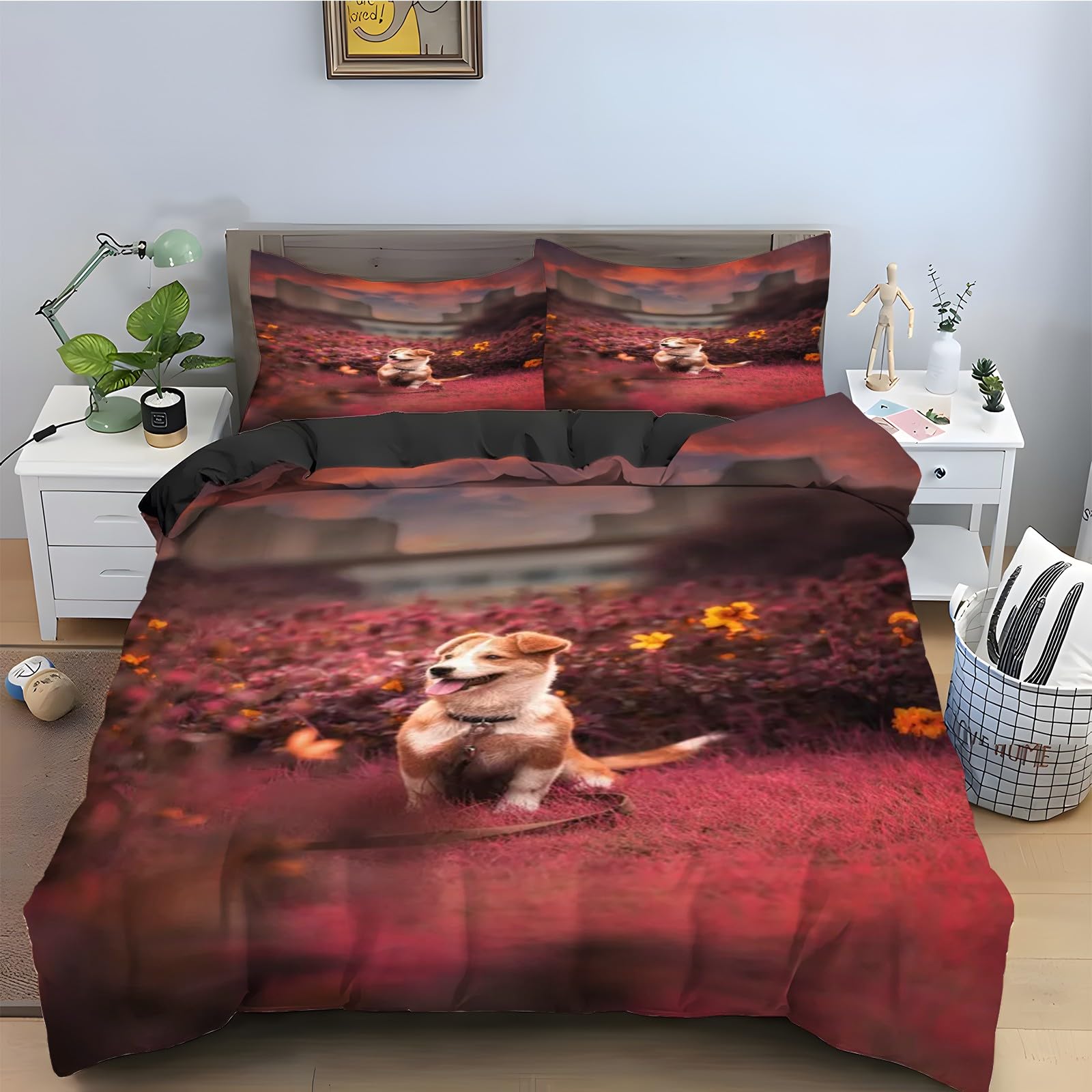 Housse de Couette 220x240 Chien De Berger Parure Lit Fleurs