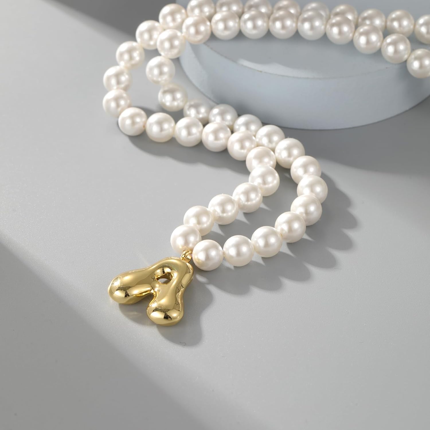 Bubble Initial Pearl Necklace Gold Freshwater Pearl Initial Necklace for Women Customized Women'S Name Pendant Big Letter Bubble Pendant Gold Bubble Letter Jewelry Mother'S Day Gift for Women - Image 3