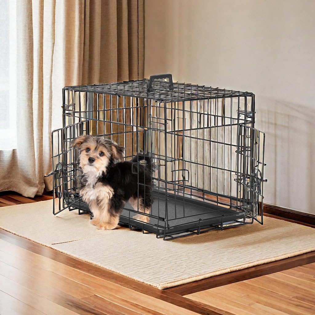 GlasFlength Dog Crates for Medium Dogs, Heavy Duty Dog Cage Indoor W/Divider Panel & Removable Tray, Metal Double Doors Dog Kennel for Indoor Outdoor Travel, Floor Protecting Feet, 24 in Black