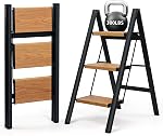 SOLADDER 3 Step Ladder, Anti-Slip and Lightweight Foldable Step Stool for Adults to Use in Kitchen, Closet and Library, 300lbs(Gold)