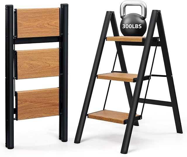 SOLADDER 3 Step Ladder, Anti-Slip and Lightweight Foldable Step Stool for Adults to Use in Kitchen, Closet and Library, 300lbs(Black+Woodgrain)