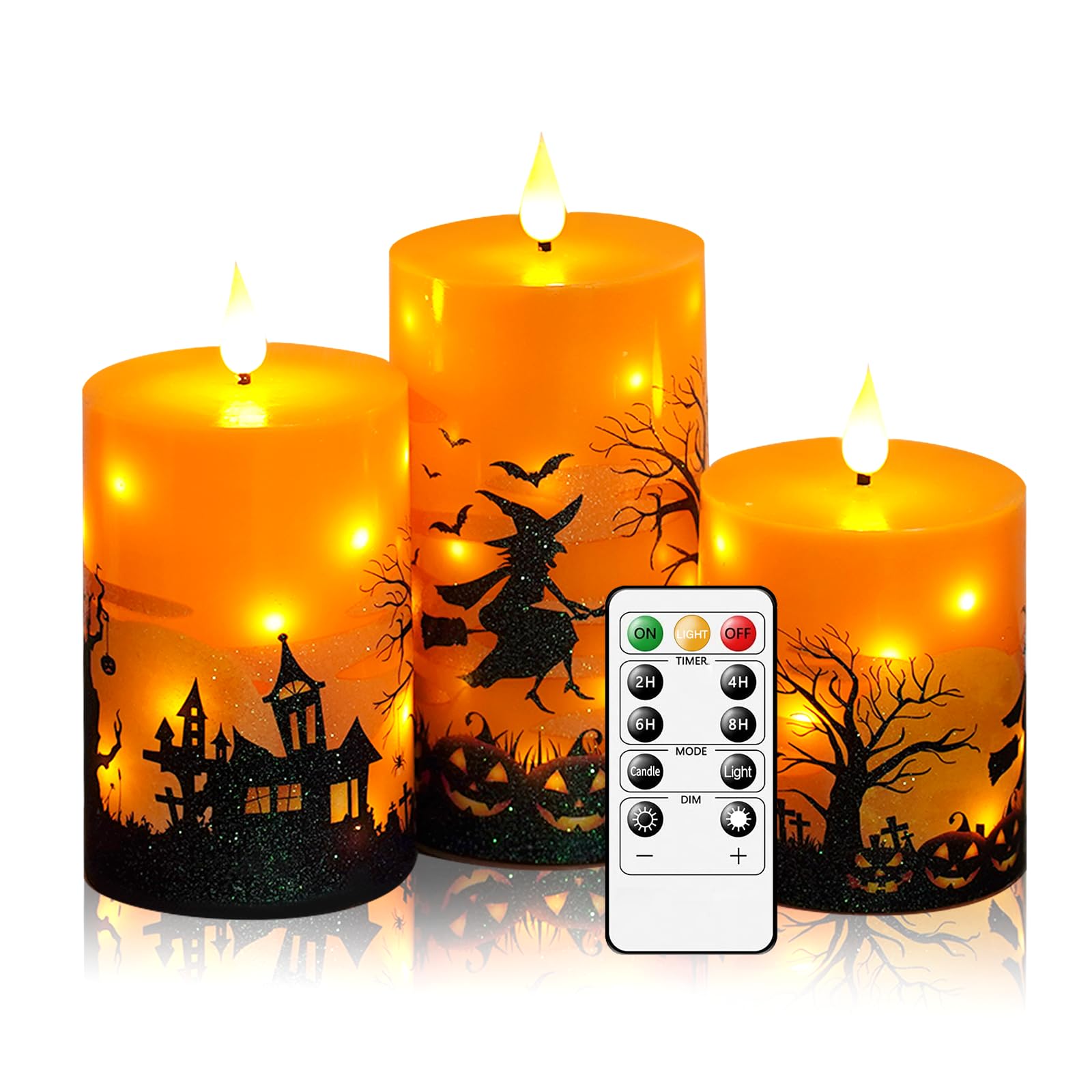 kakoya Flickering Flameless Candles with Remote,3 Pcs Real Wax LED Pillar Candles Battery Operate with Embedded Star String for Creation of Horror Atmosphere Halloween Decoration Gifts(Orange)
