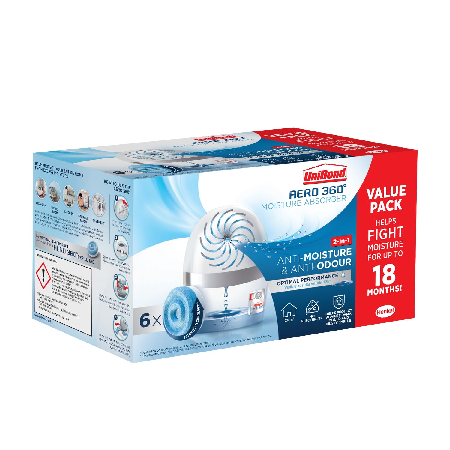 UNIBOND Aero 360° Assorbitore Umidità - Deumidificatore Ricaricabile 450g Per Ambienti 20 M² - 4