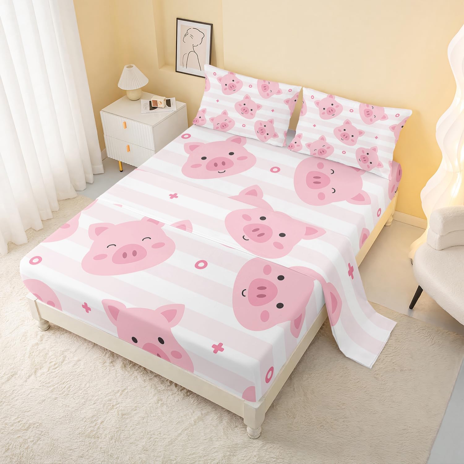 AILONEN Cute Pig Fitted Sheet Set Queen Size,4Pcs Cartoon Pig Bed Sheets,Kawaii Pink White Stripes Print Bedding Sets,1 Flat Sheet,Fitted Sheet with 2 Pillowcases,Microfiber