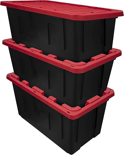 VaLbeL Contenedor de plástico de almacenamiento de 40 galones con tapa a presión, color negro con tapa roja, juego de 3, contenedores organizadores