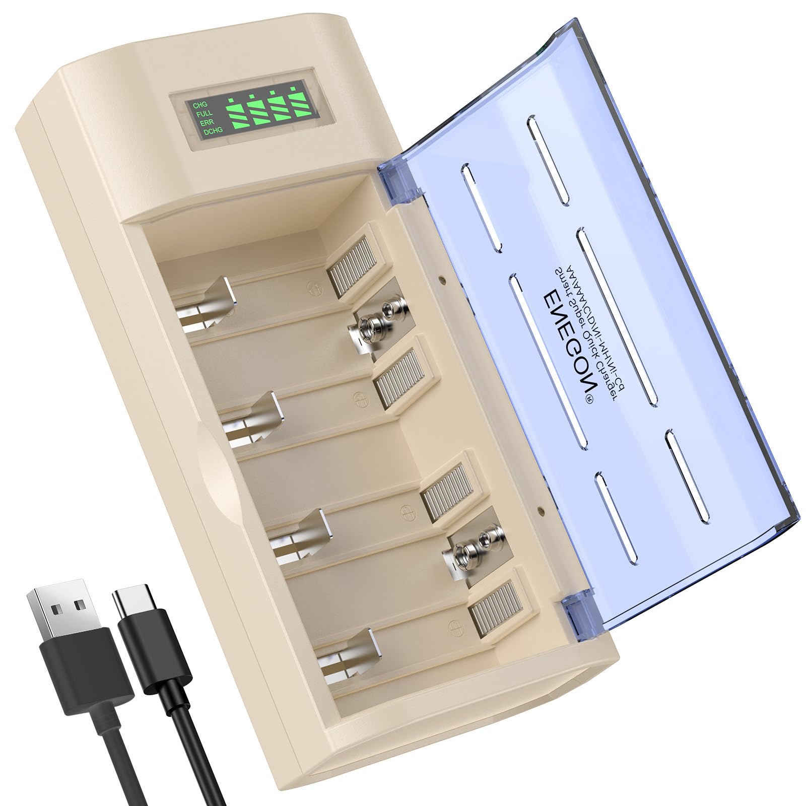 ENEGON Caricabatterie Universale per AA/AAA/C/D/9V NiMH/NiCD, con Display LCD, Funzione di Scarica e 4 Slot (Senza Adattatore)
