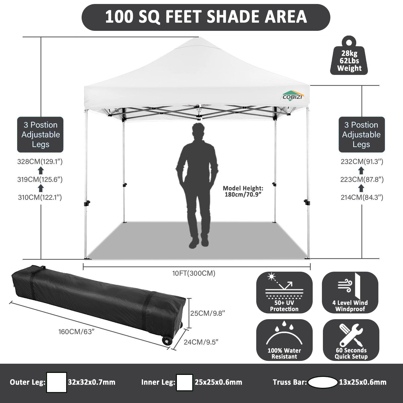 COBIZI Pavillon 3x3 Wasserdicht Stabil Winterfest mit Seitenwand,Weiss | Pop Up Zelt Faltpavillon,Sonnenschutz Pavillion Klappbar Zelte,Gartenparty Strand Hochzeit,Pavilion Faltbar mit Tasche Rollen