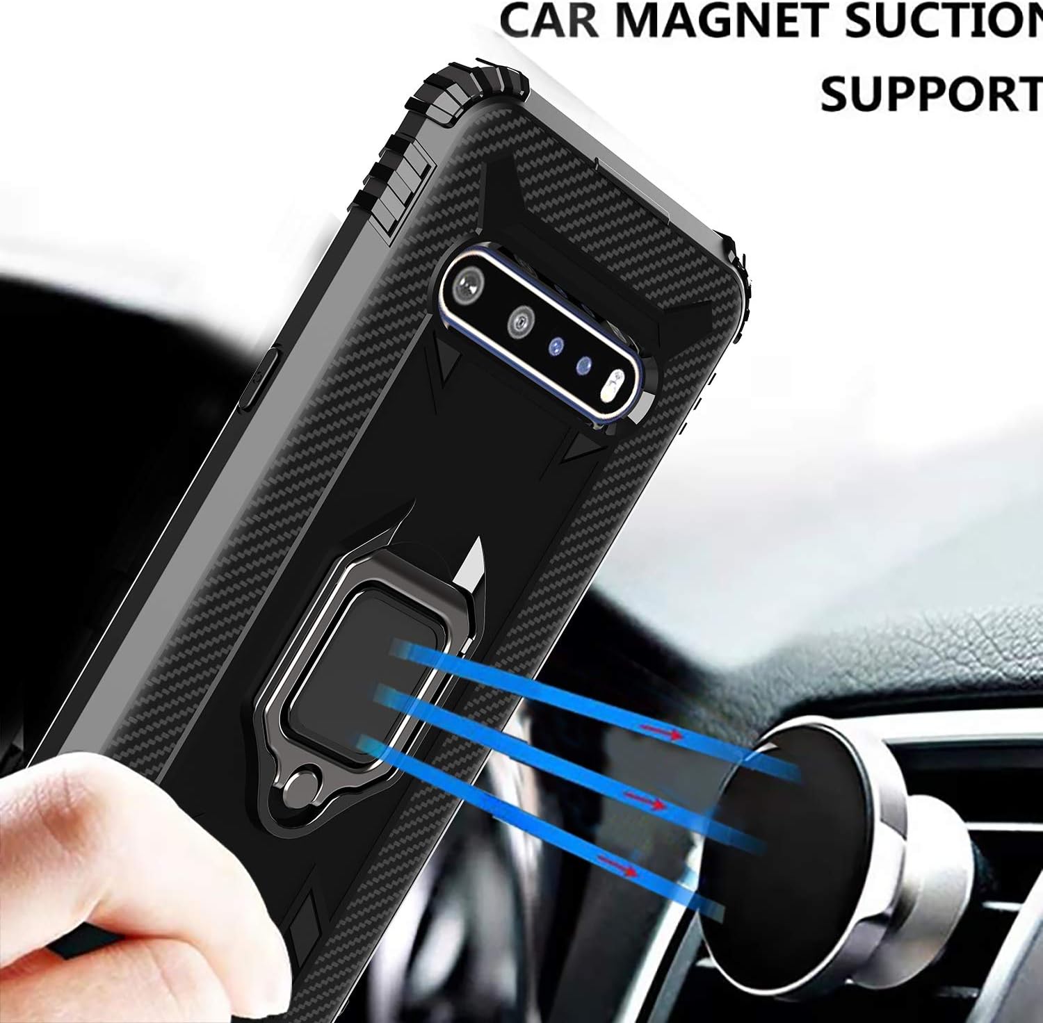 Starhemei for LG V60 ThinQ Case, LG V60 Case, TPU Armor Carbon Fiber Case Car Ring Anti-Skid Anti-Fall Kickstand Phone Case for LG V60 ThinQ (Black)