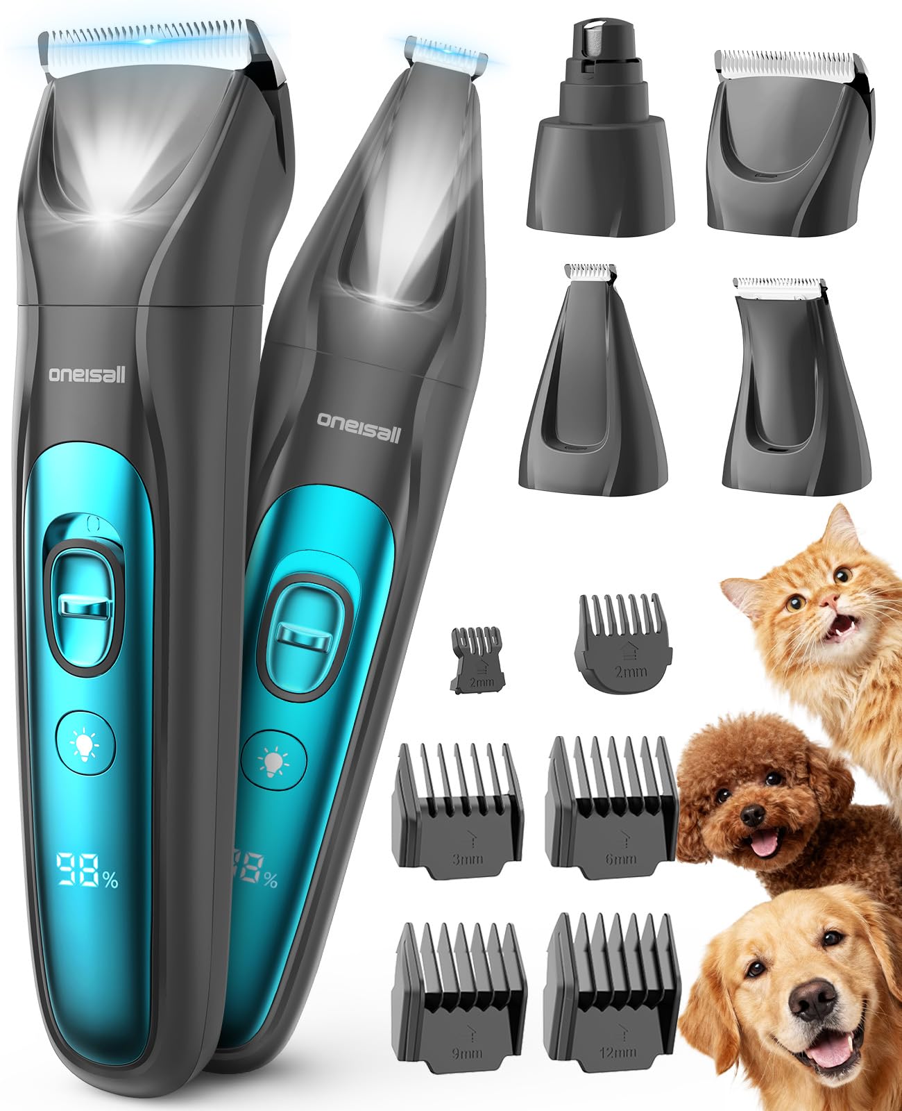 oneisall 4 in 1 Tosatrice per Cane Gatto con Luce LED, 2025 Nuova Versione Cura Peli Animali per Rasoio Cani & Zampe & Smerigliatrice Artiglio, 2000mAh Ricaricabile Rasoio per Cani (Blau, 4-in-1)