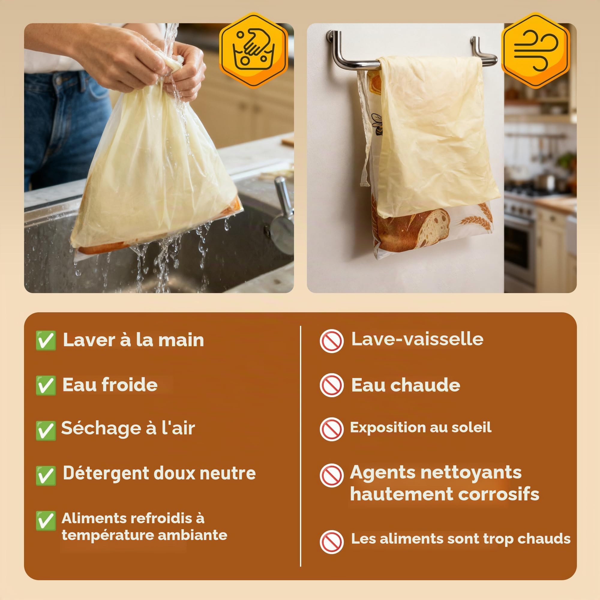 OHIYO Sacs à Pain en Cire D'abeille Réutilisables pour Conservation du Pain (2 Pièces)