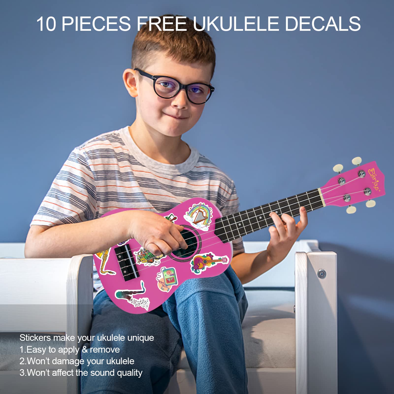 Ukulele soprano per principianti, kit per bambini, adulti, studenti, 53,3 cm, tracolla, corda di ricambio, panno lucidante, plettri per libro dei brani (viola lucido)