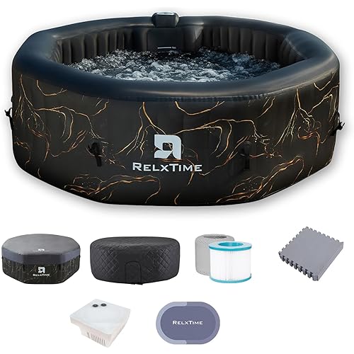 4-6 Person Inflatable Hot Tub Spa Octagon, Outdoor Portable Blow Up Hottub 130 Air Jets with Energy Efficient Cover, Built in Heater Pump, Cup Holder, 2 Filters, Black
