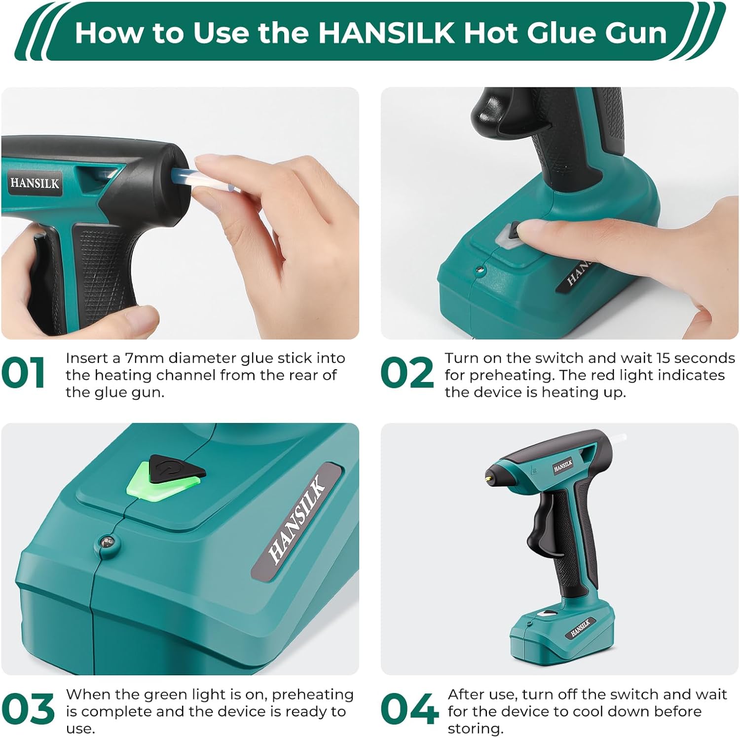 HANSILK 2000mAh Cordless Hot Glue Gun - with 30 Glue Sticks 7 mm Rechargeable Hot Glue Gun Type-C Fast Heats up to 15s, Ideal for DIY, Repairs, Crafts and DIY at Home