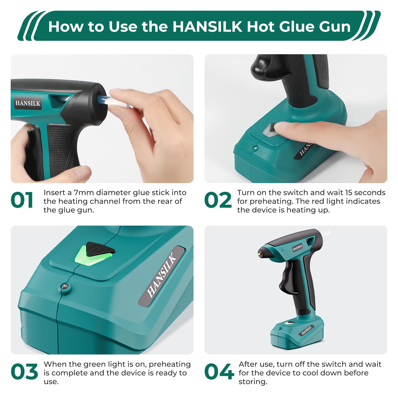 HANSILK Pistola de Silicona Caliente Inalámbrica 2000mAh 30 Barras de Silicona–Pistola de Silicona Caliente Recargable por Type-C Calentamiento Rápido en 15s Ideal para Bricolaje Manualidades