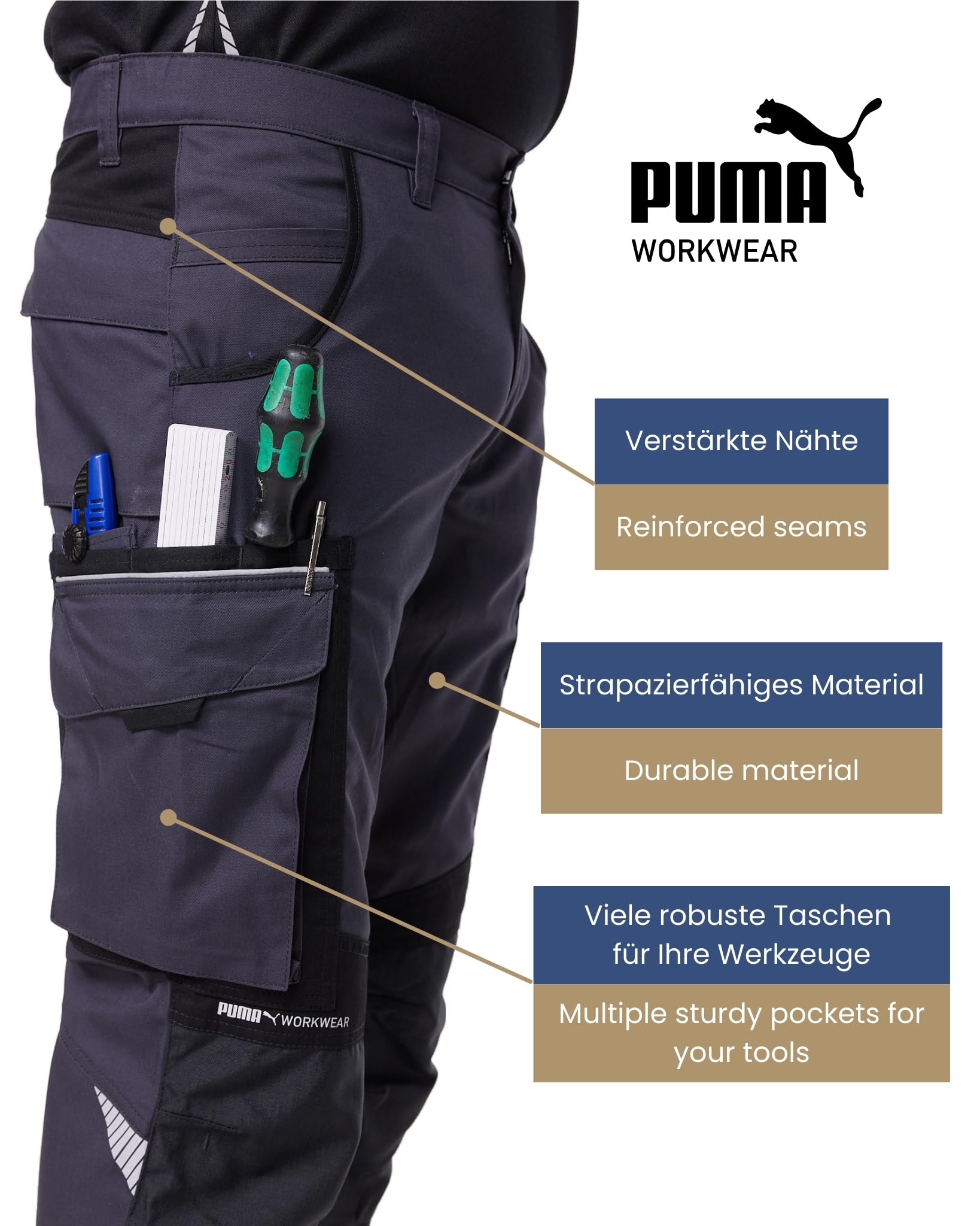 PUMA Workwear Premium spodnie robocze z wieloma kieszeniami i dodatkowo wzmocnioną tkaniną nylonową