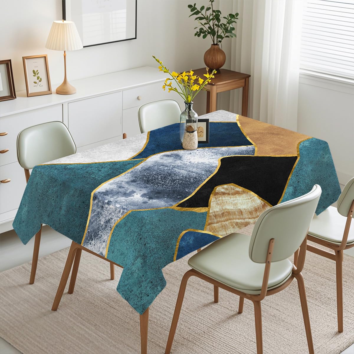 Mantel Antimanchas Geometría Azul Dorado Mantel Tela Poliéster Impermeable Lavable Manteles de Mesa Rectangular para Interior y Exterior Casa Comedor Cocina Fiesta(140x200cm)