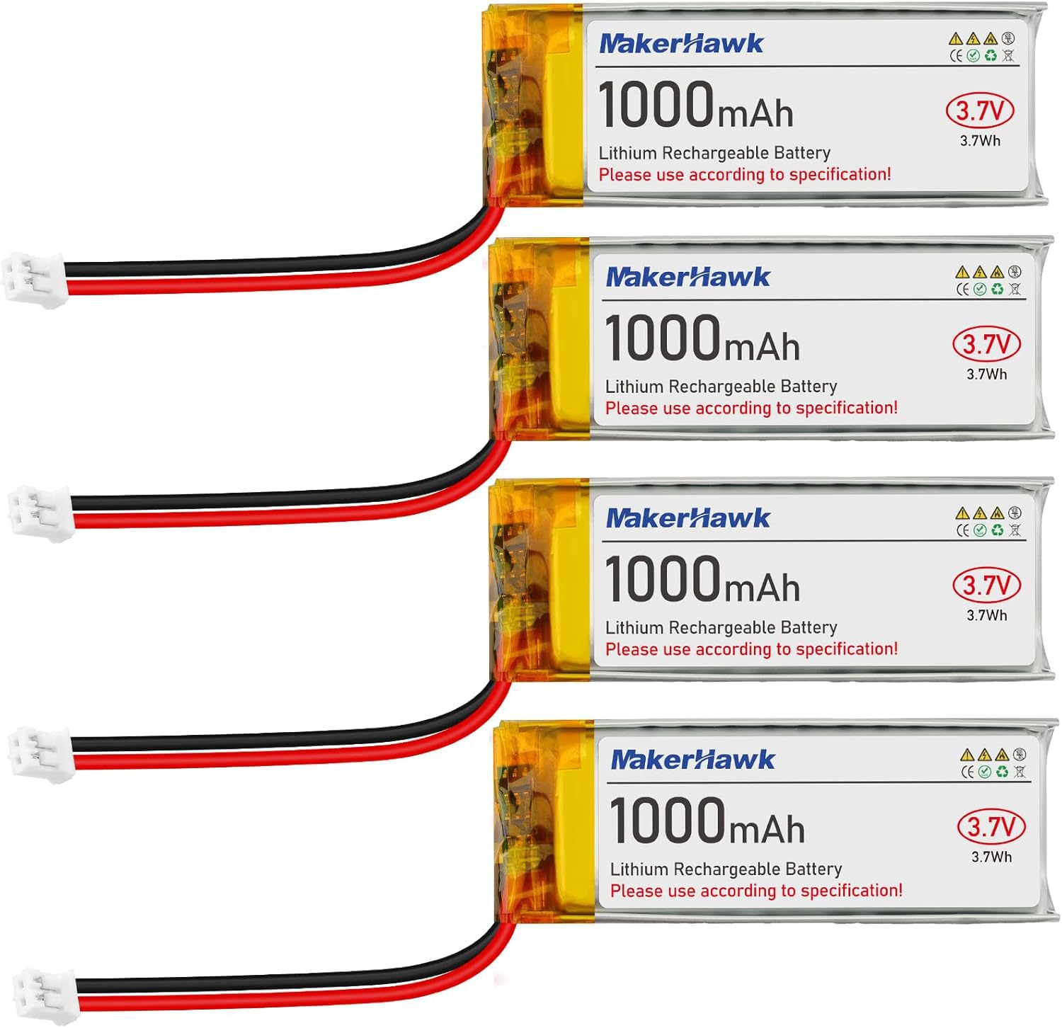 MakerHawk 4 Pack 3.7V 1000mAh LiPo Battery Rechargeable 1S 102050