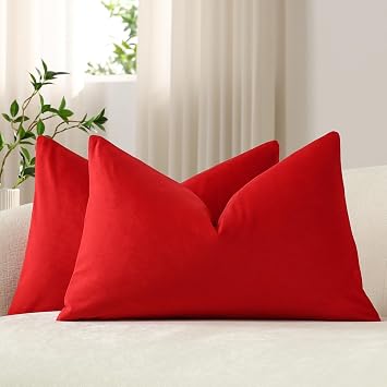 DEZENE Lumbar Pillow Covers 12x20 Christmas Red Pack of 2 Cozy Soft Velvet Rectangular Modern Luxury Decorative Throw Pillow Cases for Sofa Couch Living Room Bed Home Decor