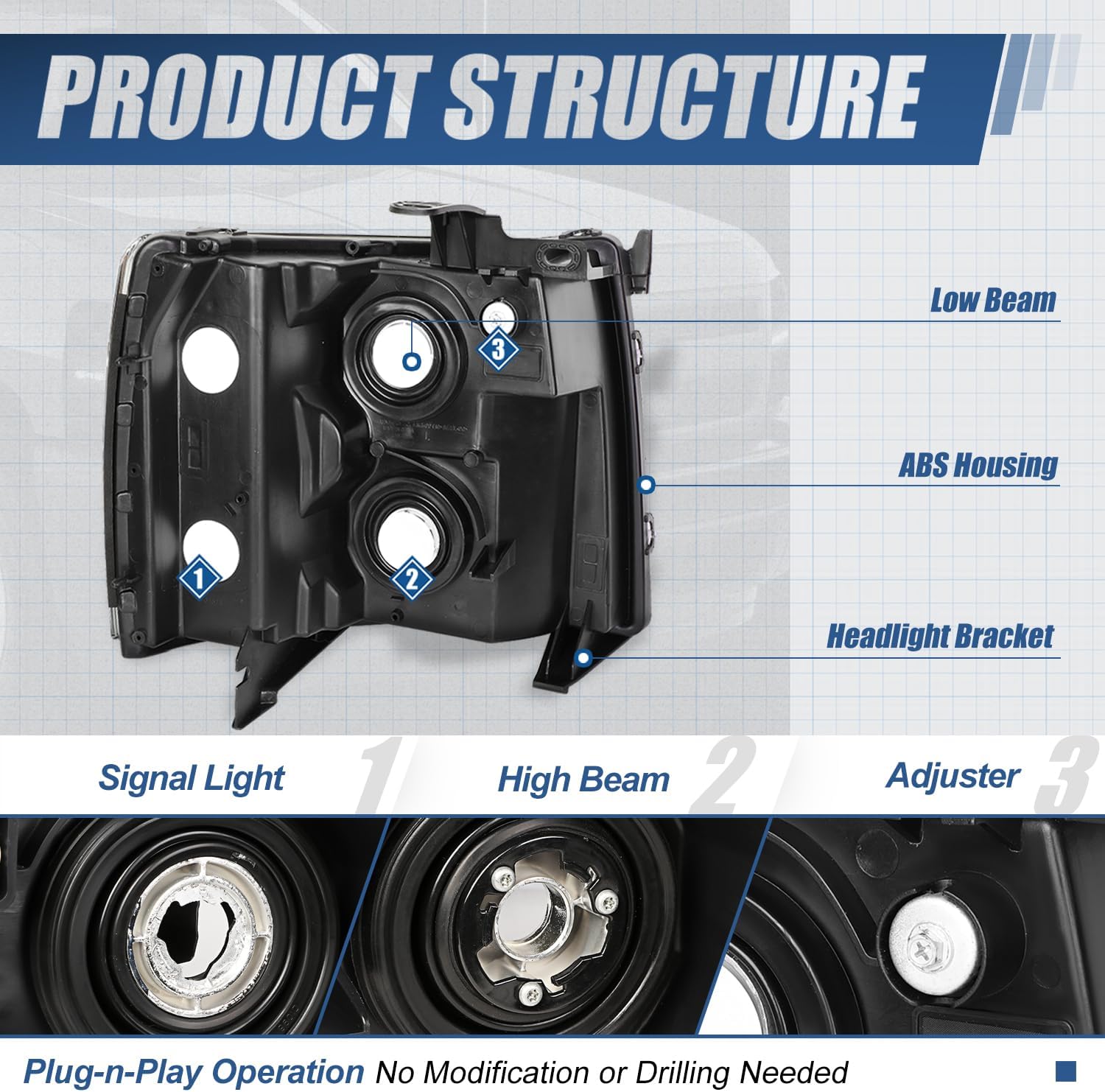 Auto Dynasty Halogen Headlights Assembly Compatible with Chevy Silverado 1500 2500HD 3500 GMT900 2007 2008 2009 2010 2011 2012 2013 2014, Driver and Passenger Side, Chrome Housing