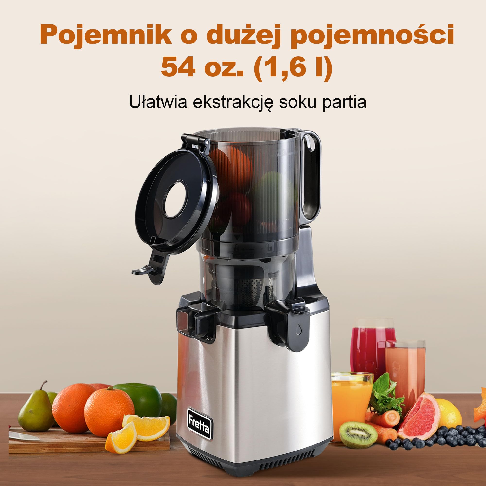 Maszyna do Wyciskania Soków na Zimno Fretta, Wyciskarka Wolnoobrotowa, Duży Otwór Załadunkowy 5,3'', Łatwa w Czyszczeniu, Automatyczne Podawanie, Sokowirówka, Cold Press Juicer
