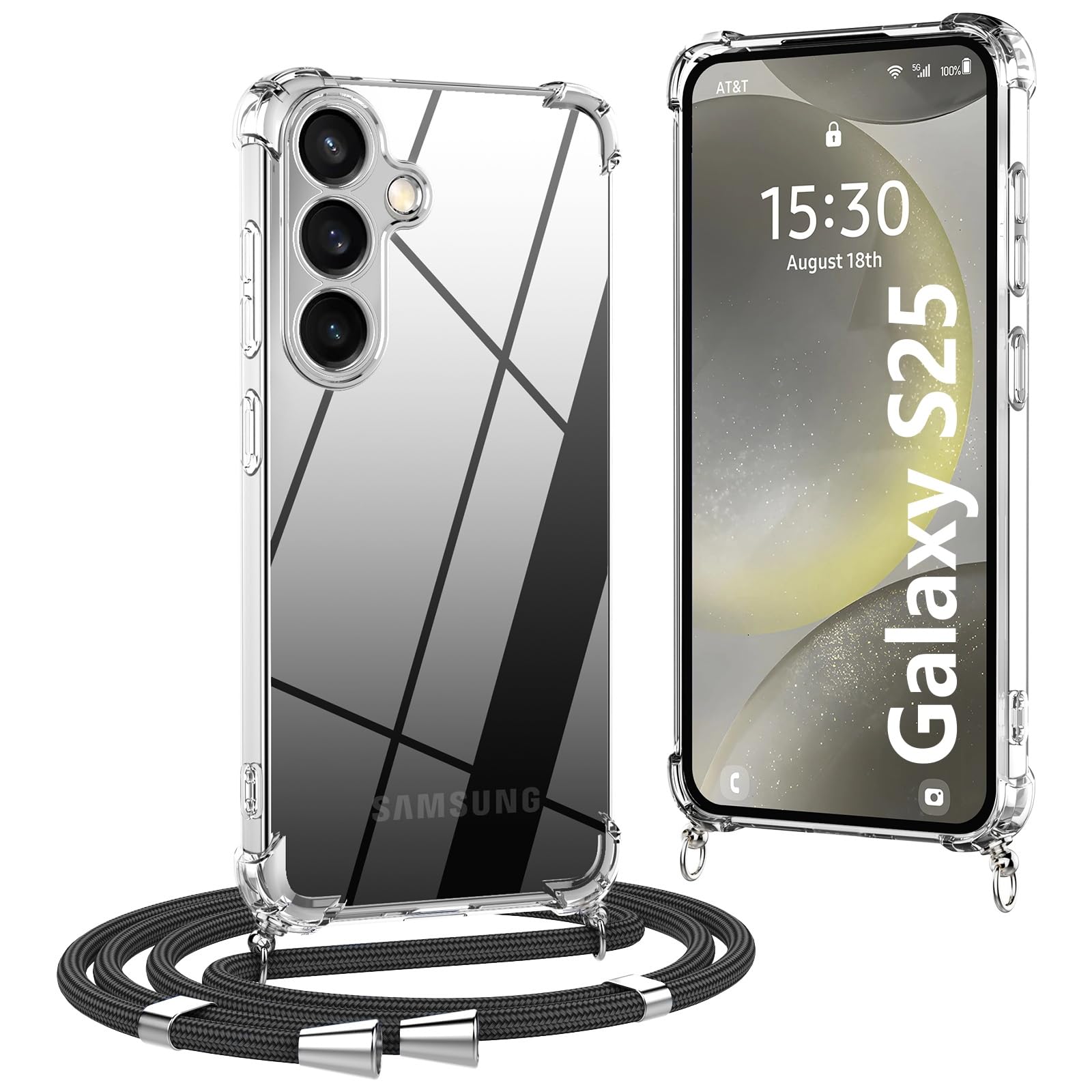OLEPHY Handykette kompatibel mit Samsung Galaxy S25 Hülle, Necklace Hülle mit Band Handyhülle für zum Umhängen, Soft Transparent Schutzhülle mit Schnur [Stoßfest] [Längenverstellbar], Schwarz