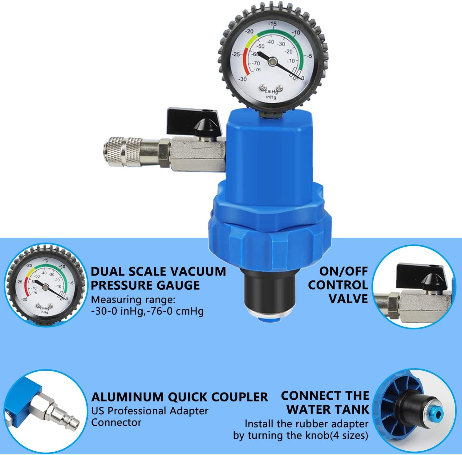 ZKTOOL Coolant Vacuum Refill Kit Quick Airlift Coolant Refill Tool for Most Vehicles, With 8 Size Rubber Sleeves & 2 Universal Adapter Cone Plug EV15 Vacuum Generator