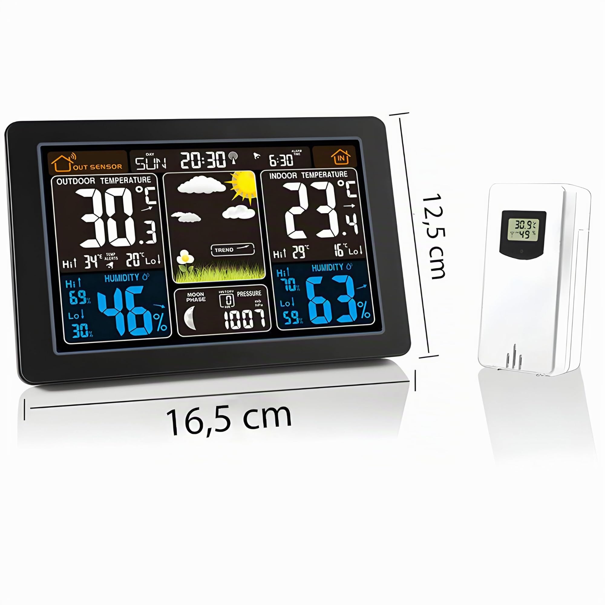 Retoo Stazione meteorologica multifunzione con sensore esterno e display digitale a colori, stazione meteo radio con previsioni meteo, igrometro barometro, fase lunare e portata di 60 m (nero)