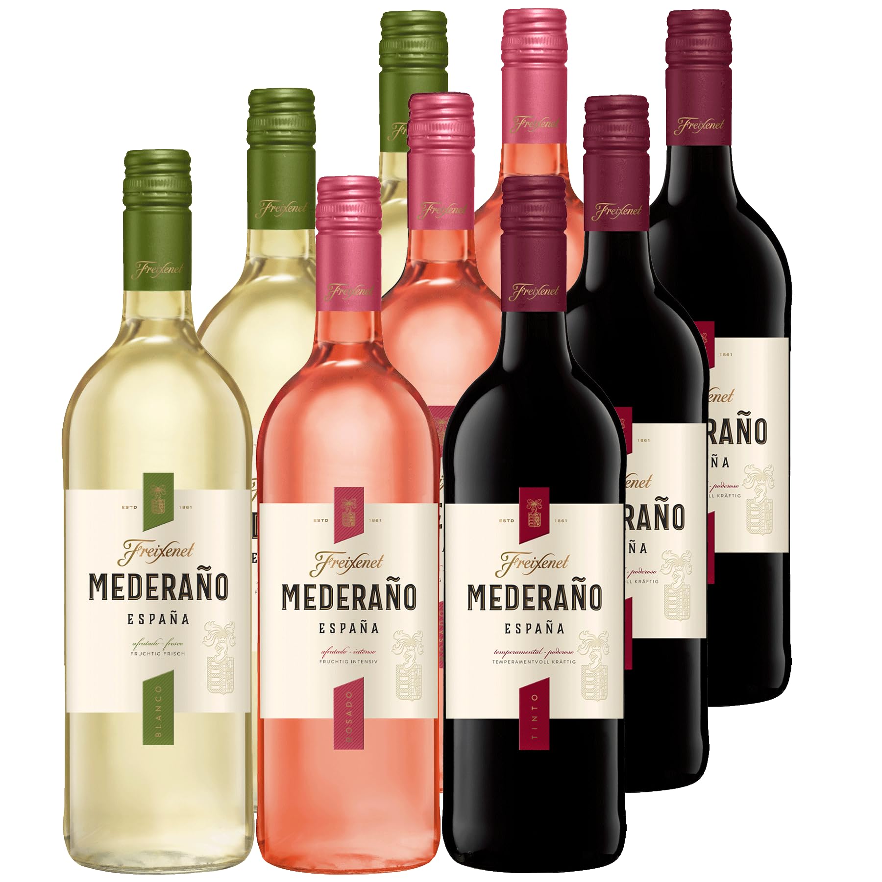 Probierpaket aus 9 Flaschen Mederaño1 l Sonder-Edition (9 x 1l) - bestehend aus 3 x 1l Mederaño Blanco, 3 x 1l Mederaño Rosado, 3 x 1l Mederaño Tinto, Spanischer Wein