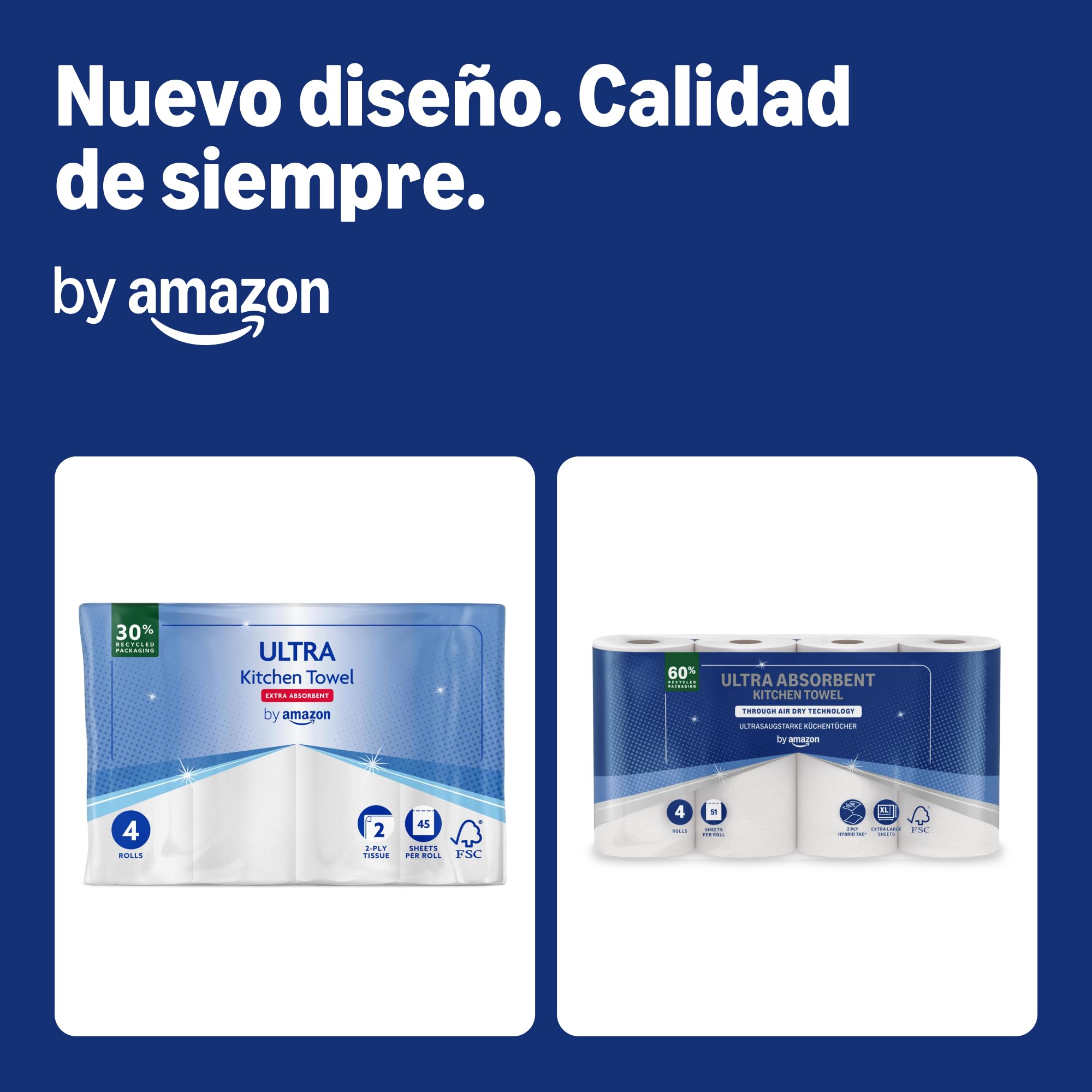 by Amazon Rollo de Cocina TAD Ultraabsorbente, 4 Rollos (Paquete de 1), 51 Hojas por Rollo, Certificado FSC