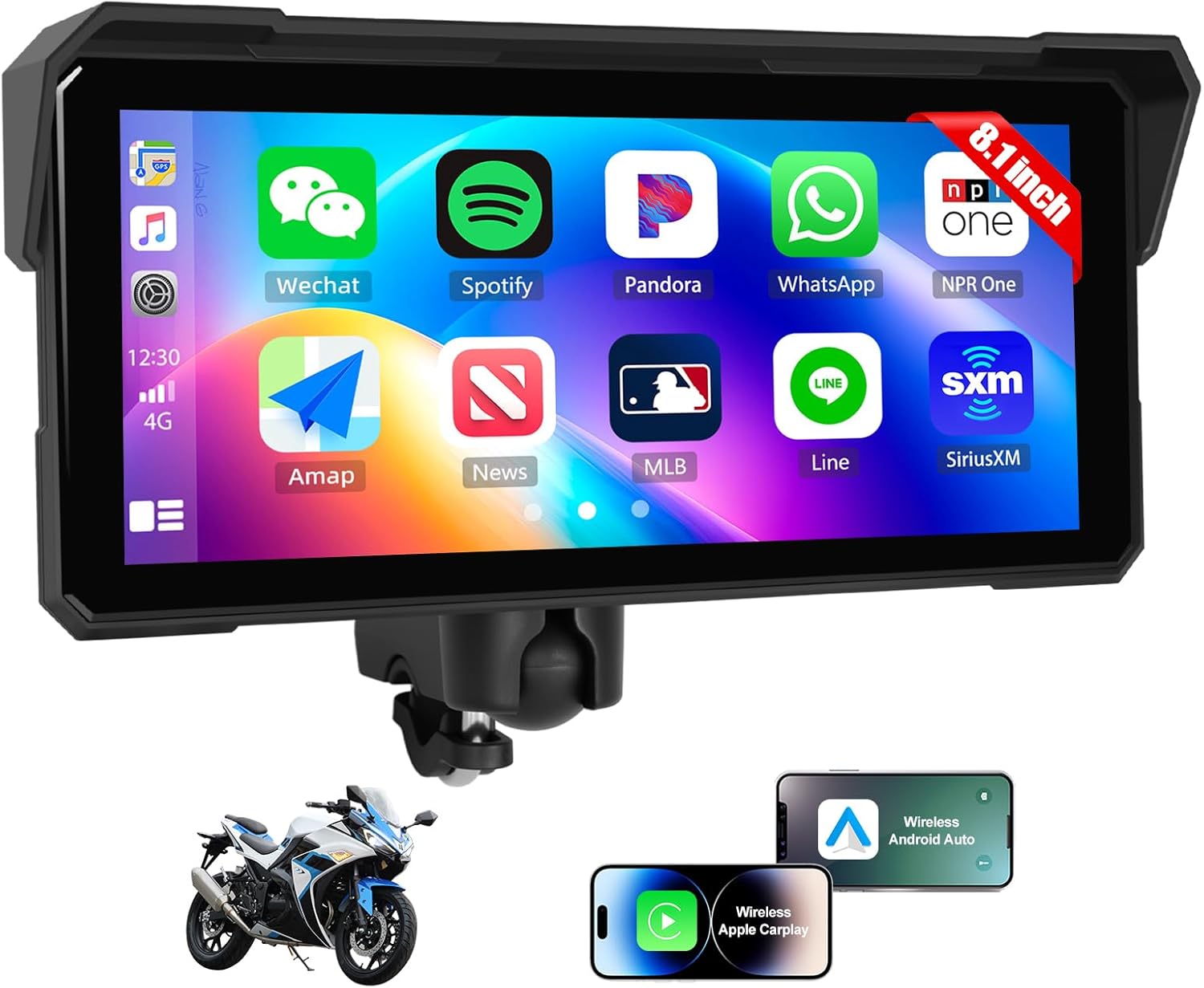 8.1 Inch Motorcycle Carplay GPS Navigation System with Carplay and Android Auto Portable Screen with Bluetooth, Navigation, Voice Assistant（Not Inchluded TPMS）
