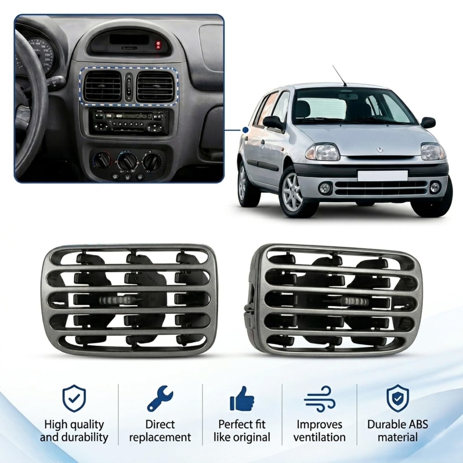 Twowinds - Griglia di Ventilazione 7702258280 Compatibile con Renault Clio 2 (1998-2001) Thalia (2001-2006) - Sinistra e Destra - 7702258279 - Bocchette Cruscotto - Aria Condizionata - Nero (2 pezzi)