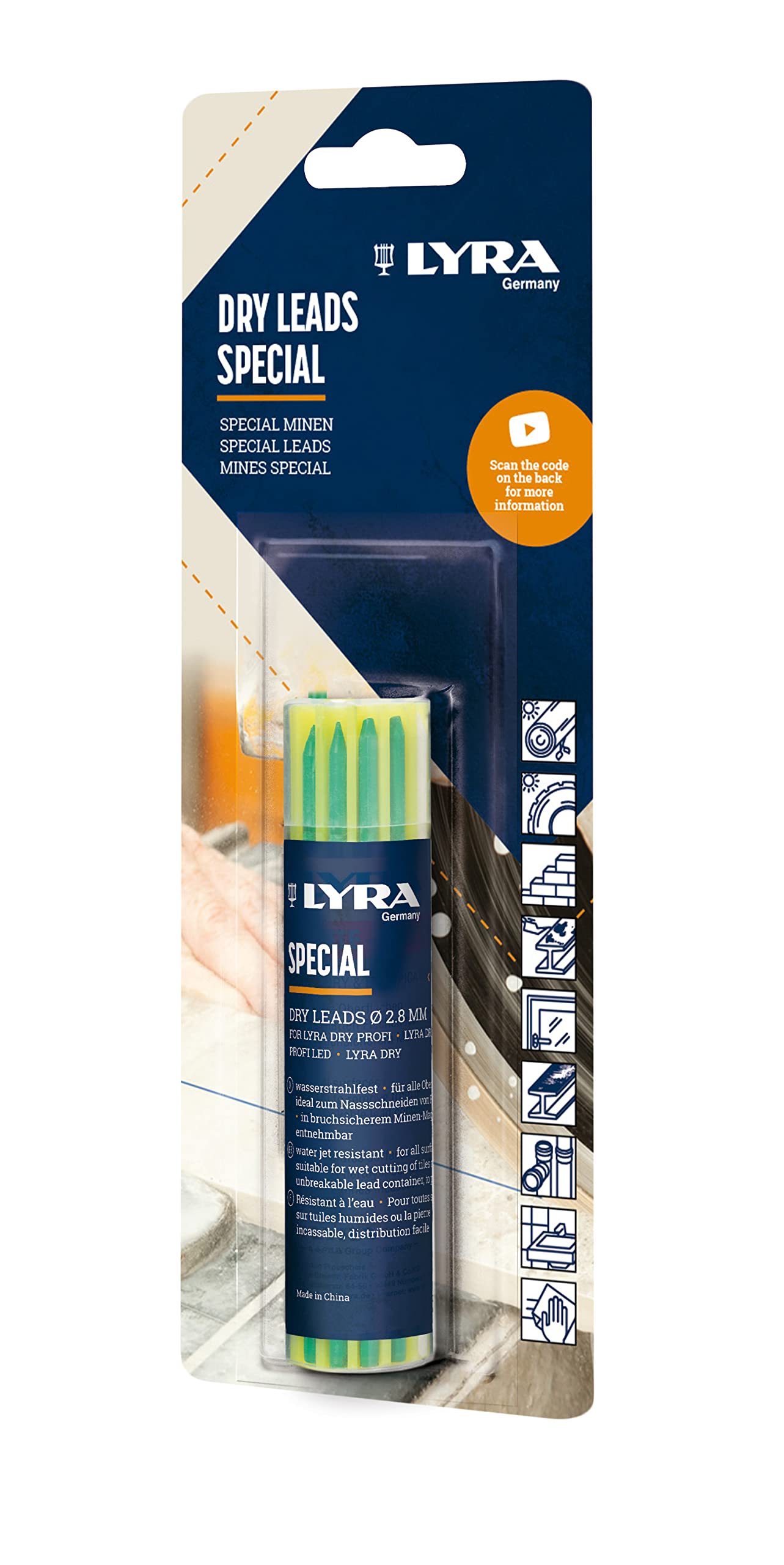 LYRA L4498007 Dry Refill Set Filled with 12 Special Leads, 2.8 mm, for All Surfaces, Waterjet Resistant, in Blister Packaging