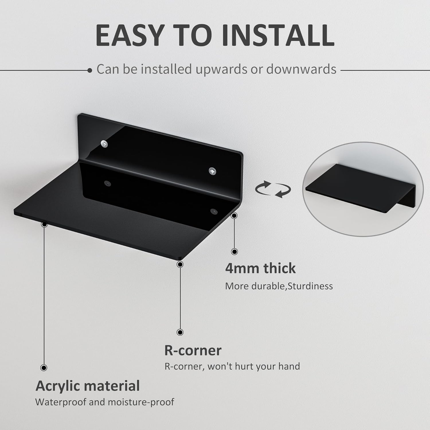 9 Inch Black Wall Shelves 4 Pack, Acrylic Wall Mounting Ledges Display, Acrylic Display Wall Shelf for Funko Pop Figures, Collectibles, Plants, Décor, Toiletries, Spices Jars, 4 Pack