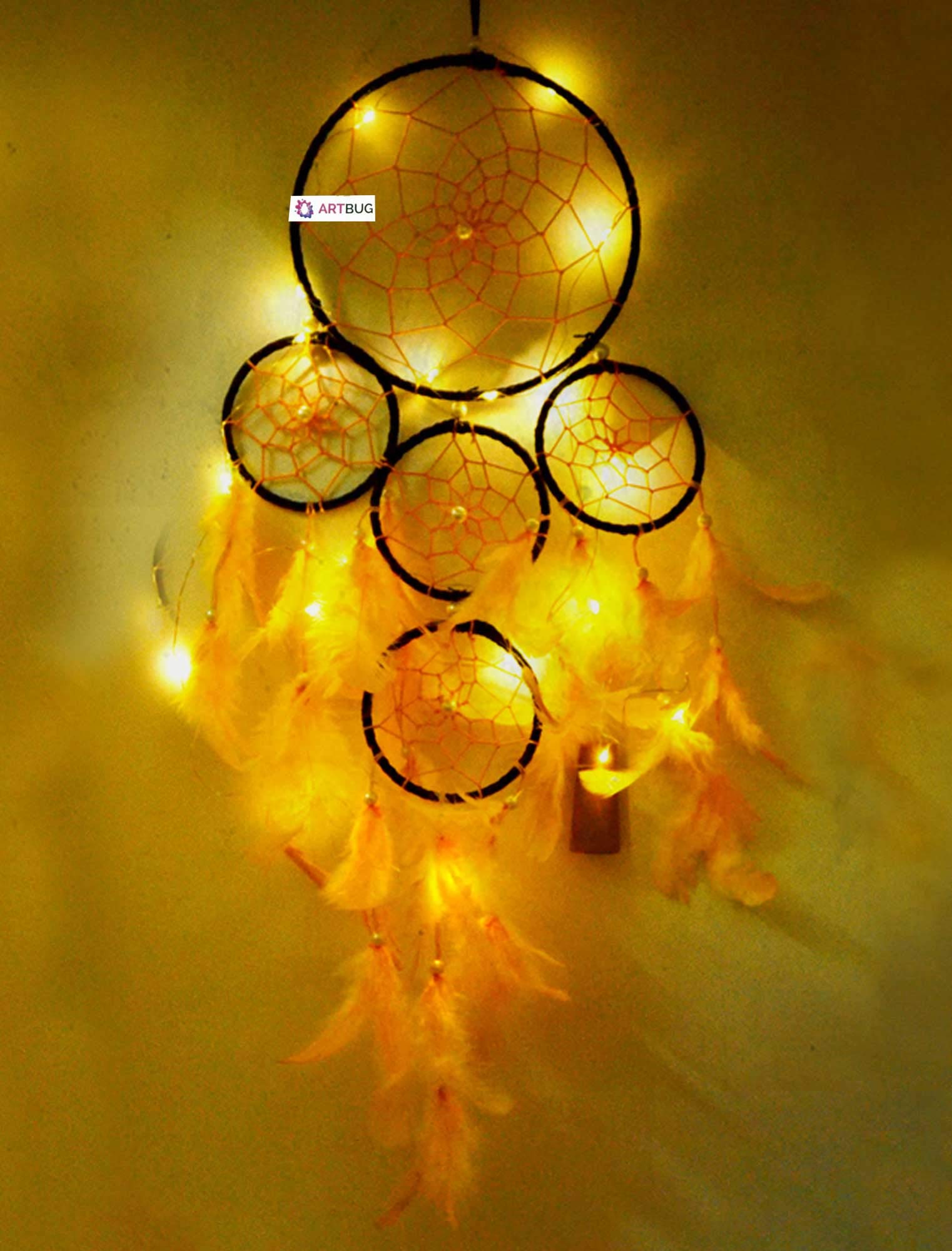 DREAM CATCHER ART BUG Wall Hanging with LED Lights - Black and Yellow Combination - for Positive Energy and Protection - Size 15cm x 55cm