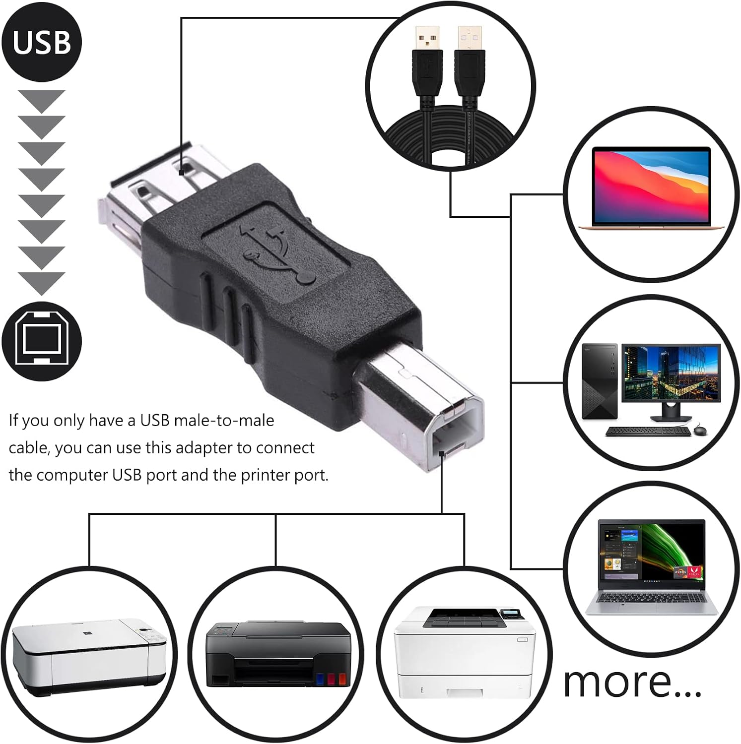 DSYJ DSYJ-01252 USB Type A Female to USB Type B Male Adapter (USB_A_F-USB_B_M)