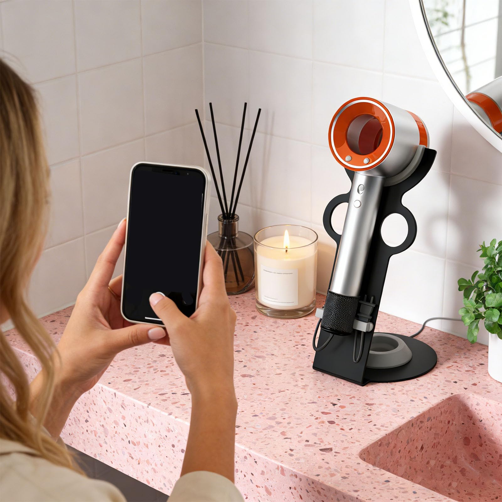 Soporte para secador de pelo fácil de instalar, soporte complementario para almacenamiento accesible en el baño, fuerte sustancia de hierro, no deslizante, soporte para secador de pelo con base