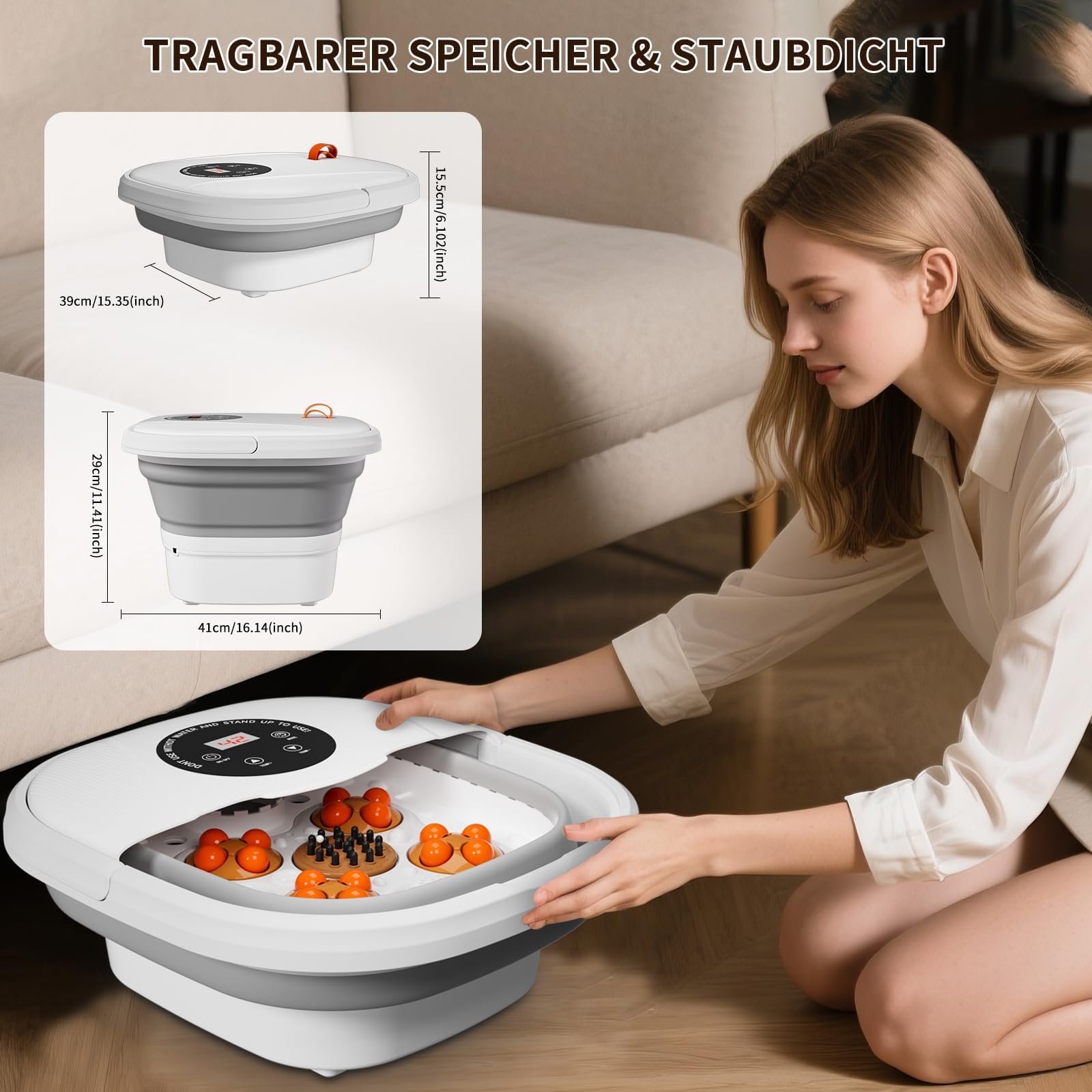 Fussbad mit Massagefunktion,Fußbad Massagegerät Elektrisch mit Timer klappbares,Fussbadewanne mit Massage mit Blasen 16 Rollen Temperatureinstellung Touchscreen-Steuerung und Fernbedienung