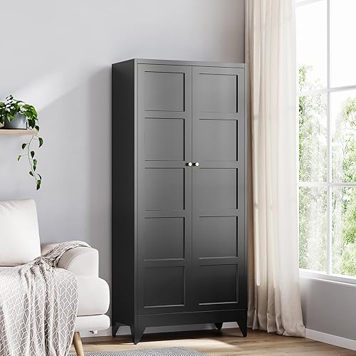 Yizosh - Gabinete de almacenamiento de metal con 2 puertas y 4 estantes ajustables - Gabinete de almacenamiento de cocina de 71 pulgadas color Negro