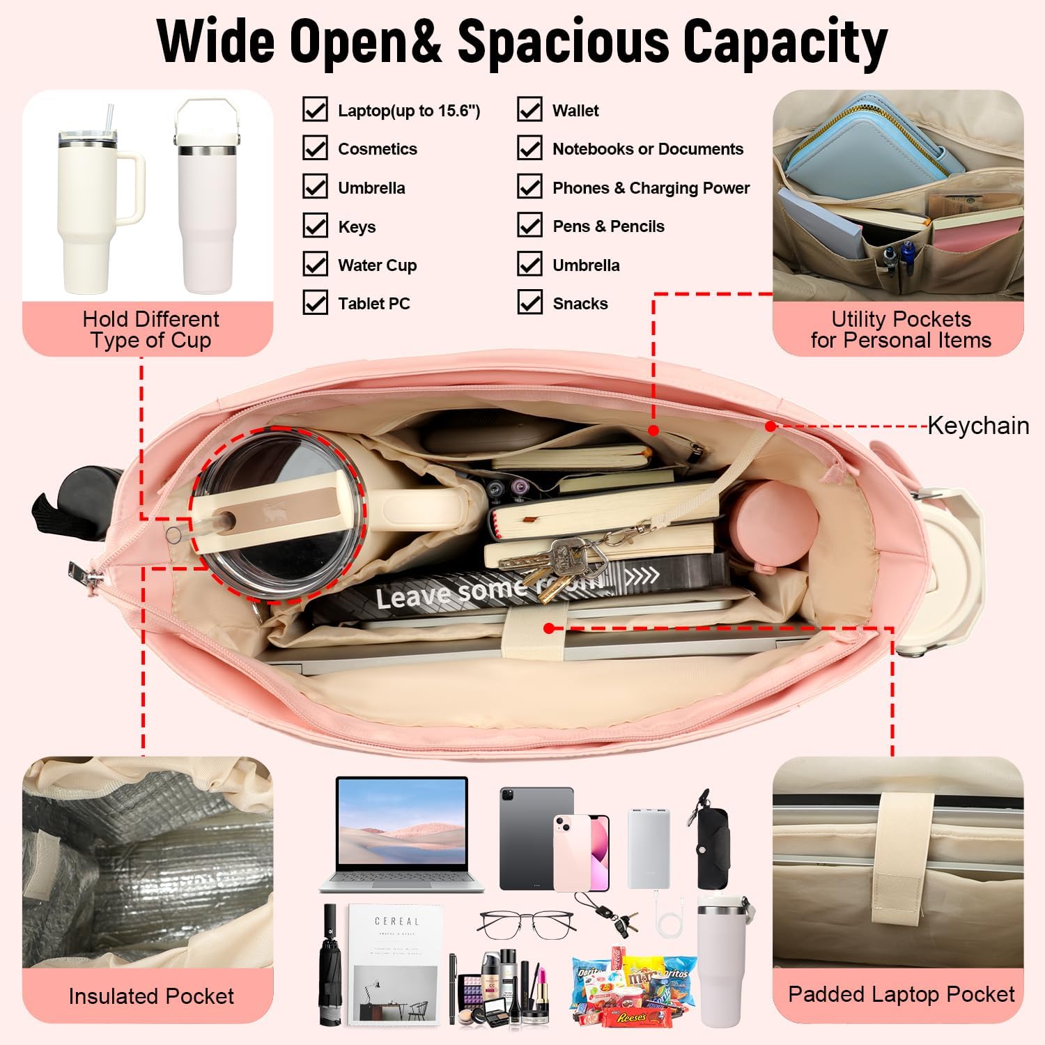 Puffer Tote Bag with Large Cup Holder& 15.6 Inch Laptop Compartment, Lightweight Puffy Work Bag with Water Bottle Pocket, Large Laptop Tote with Clutch Purse for Women Teacher Nurse (Pink) - Image 3