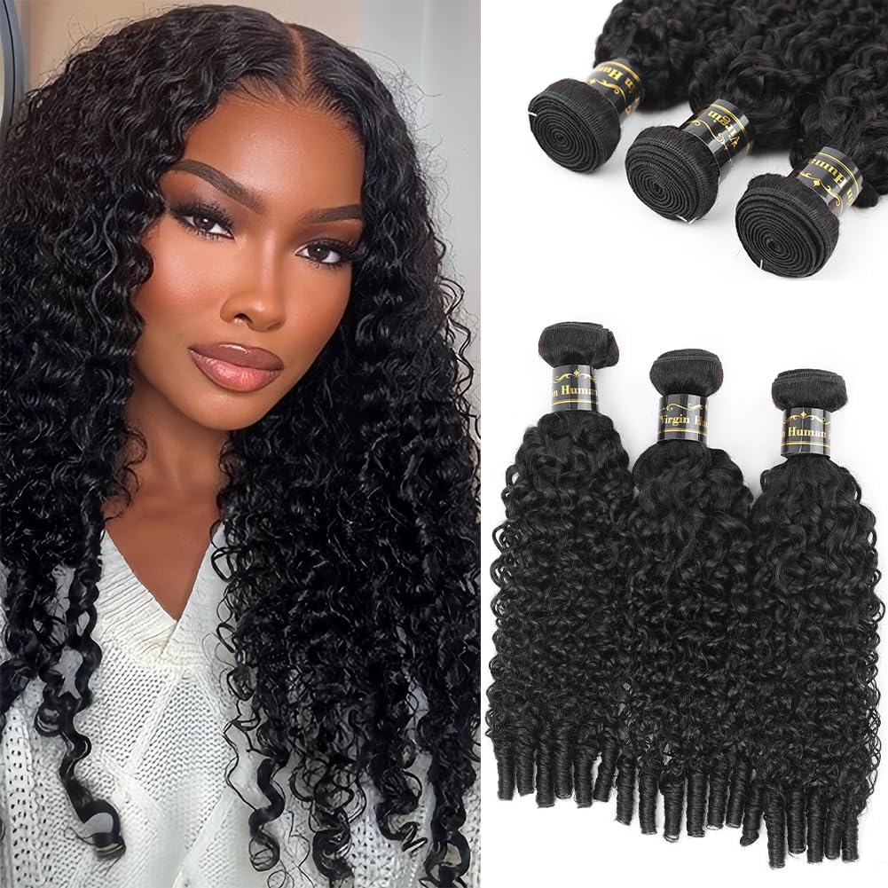 Amella Burmese Curly Bundles Human Hair with Spiral End 18 20 22 Inch 3C4A 100% Unprocessed Virgin Burmese Kinky Curly Human Hair Bundles Weft Extensions Natural Black
