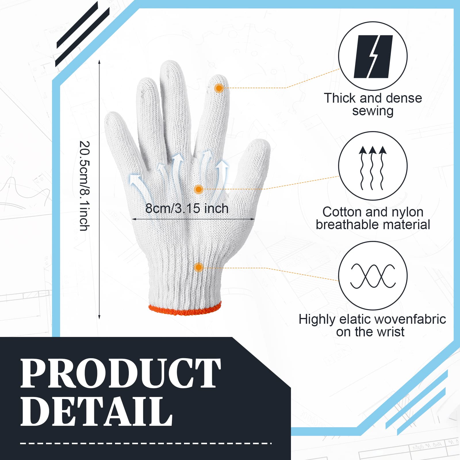 Sureio 100 pares de guantes de algodón para mano, forro de algodón, guantes de poliéster de punto de seguridad para barbacoa, hombres y mujeres (blanco)