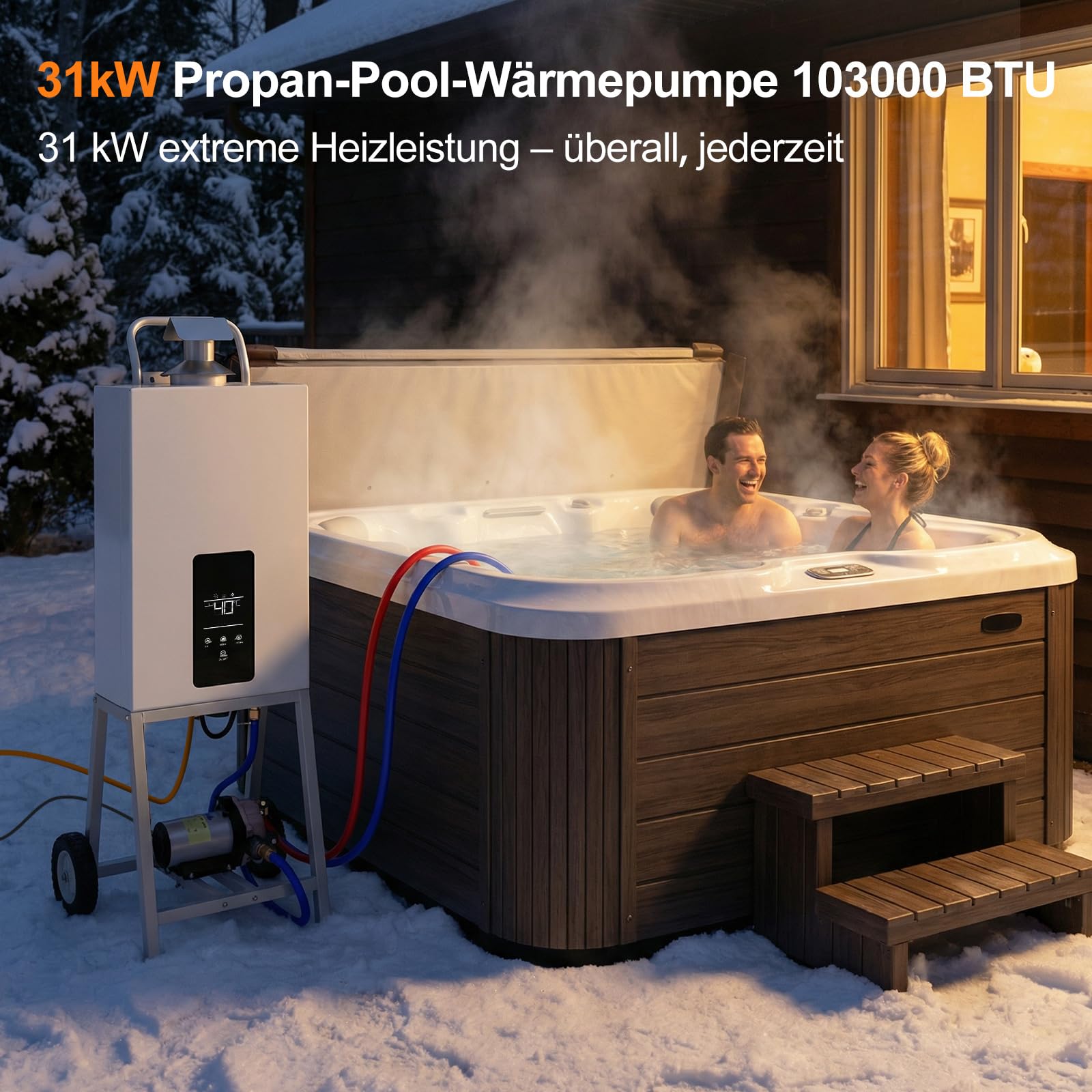 31kW Propangas-Poolheizung – Extrem Schnelles Aufheizen für Aufstellpool, Hot Tub& Spa, Tragbarer Außen-Wassererhitzer mit digitalem Thermostat, integrierter Duschfunktion & Rädern