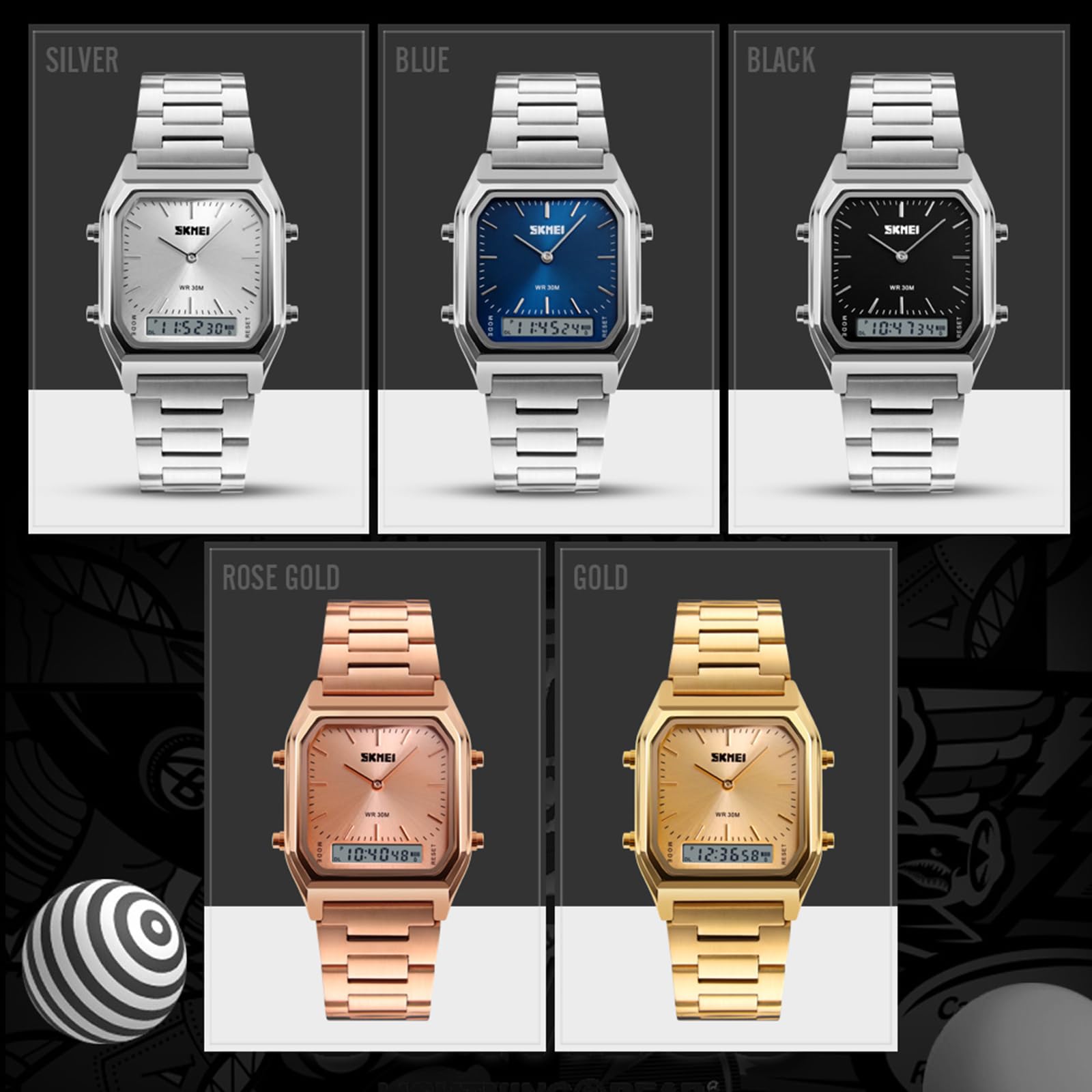 Gosasa Montre de sport analogique multifonction carrée avec double affichage et bracelet en acier inoxydable pour homme et femme