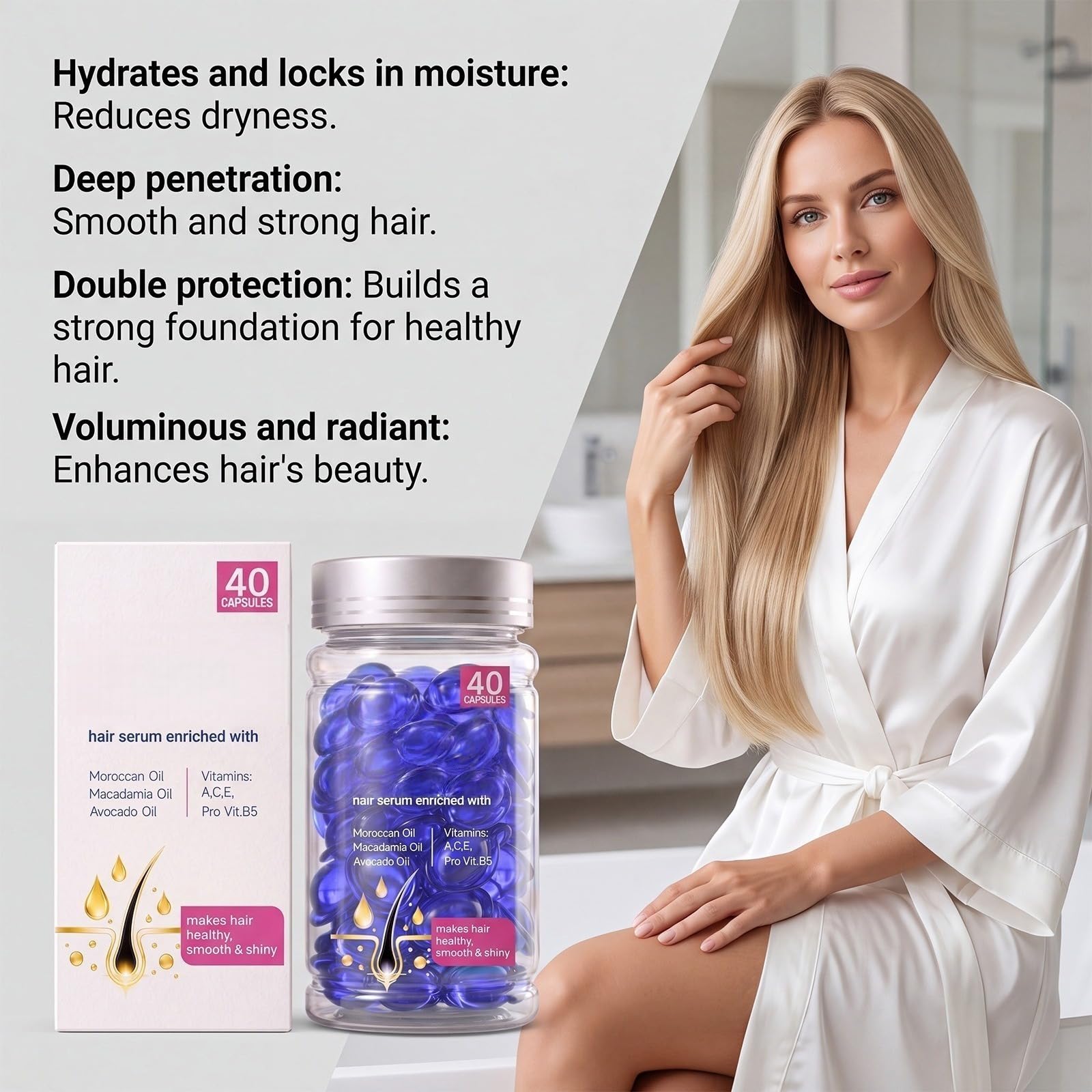 40 Kapseln Haarserum – Macht das Haar gesund, glatt & glänzend – Intensive Pflege für trockenes & geschädigtes Haar
